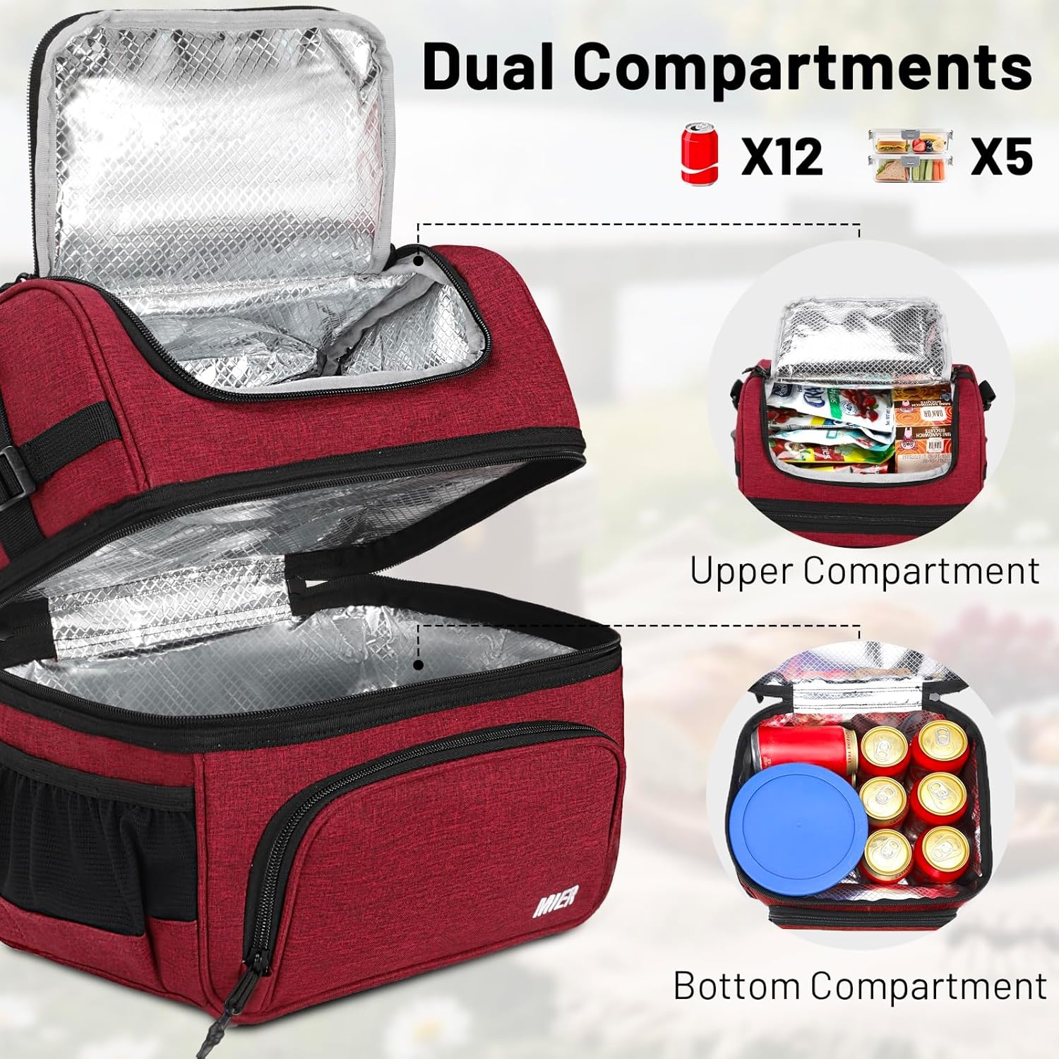 image:imageMIER Dual Compartment Lunch Bag Tote with Shoulder Strap for Men and Women Insulated Leakproof Cooler Bag BlackRedDark Red