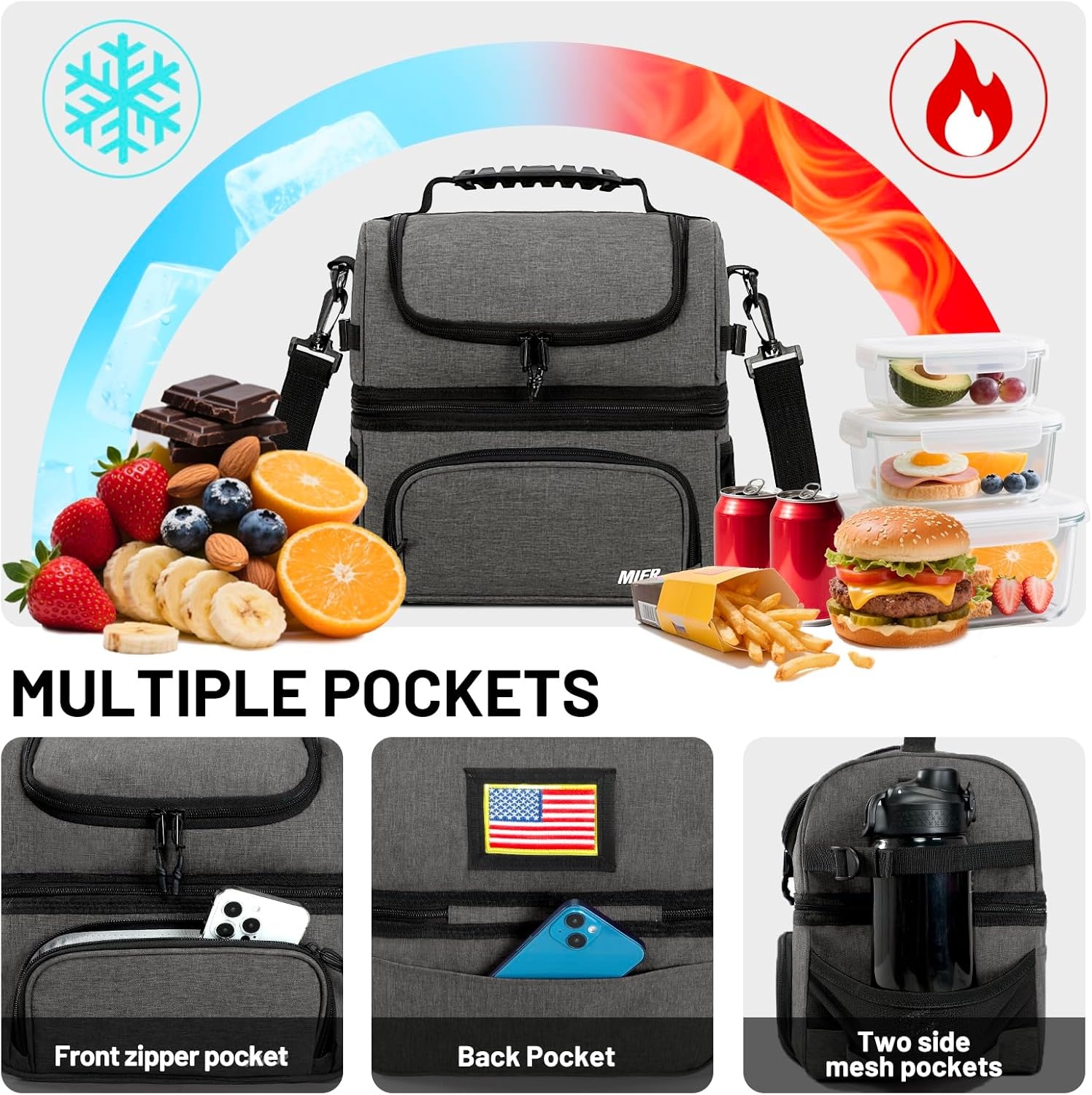 image:imageMIER Dual Compartment Lunch Bag Tote with Shoulder Strap for Men and Women Insulated Leakproof Cooler Bag BlackRedGray