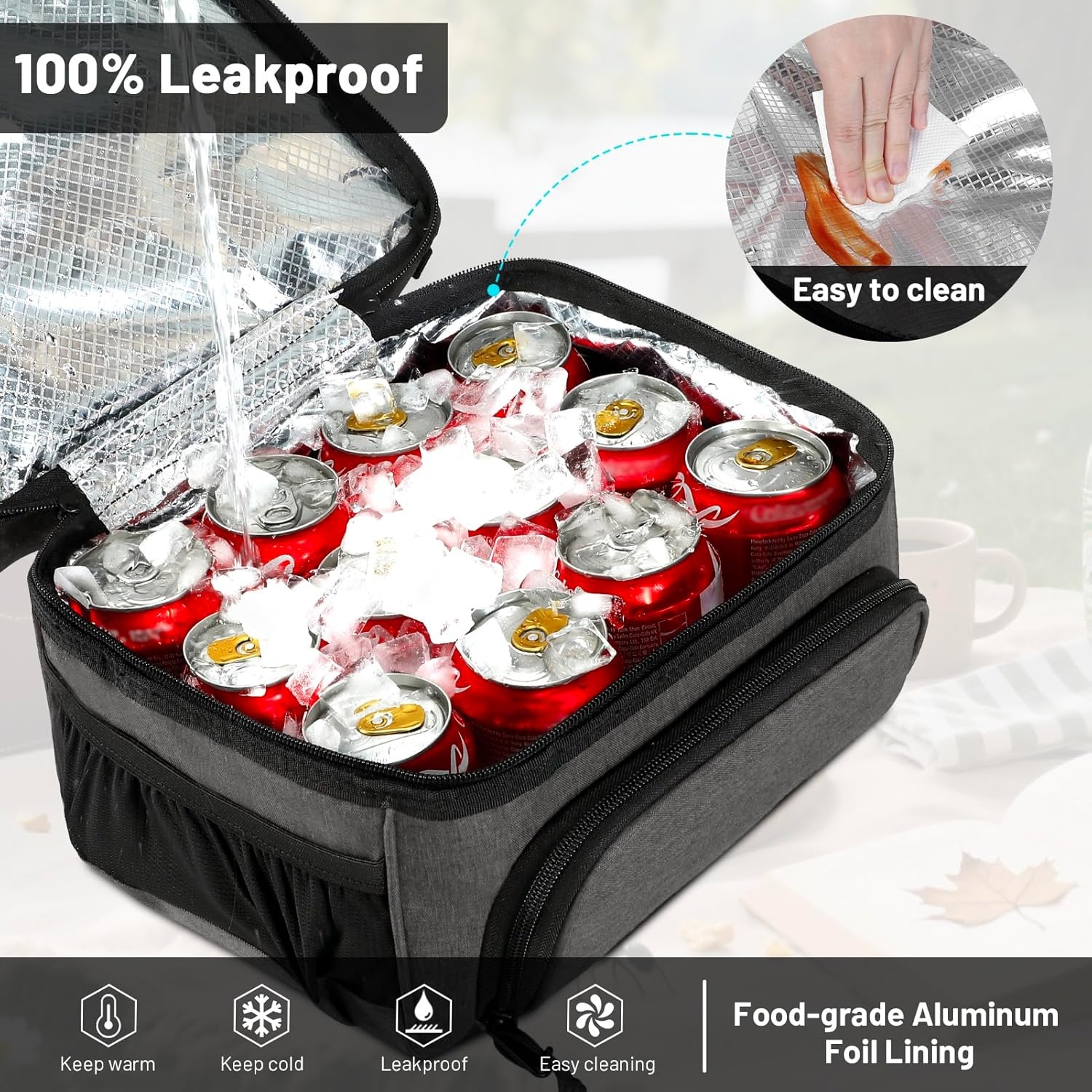 image:imageMIER Dual Compartment Lunch Bag Tote with Shoulder Strap for Men and Women Insulated Leakproof Cooler Bag BlackRedGray