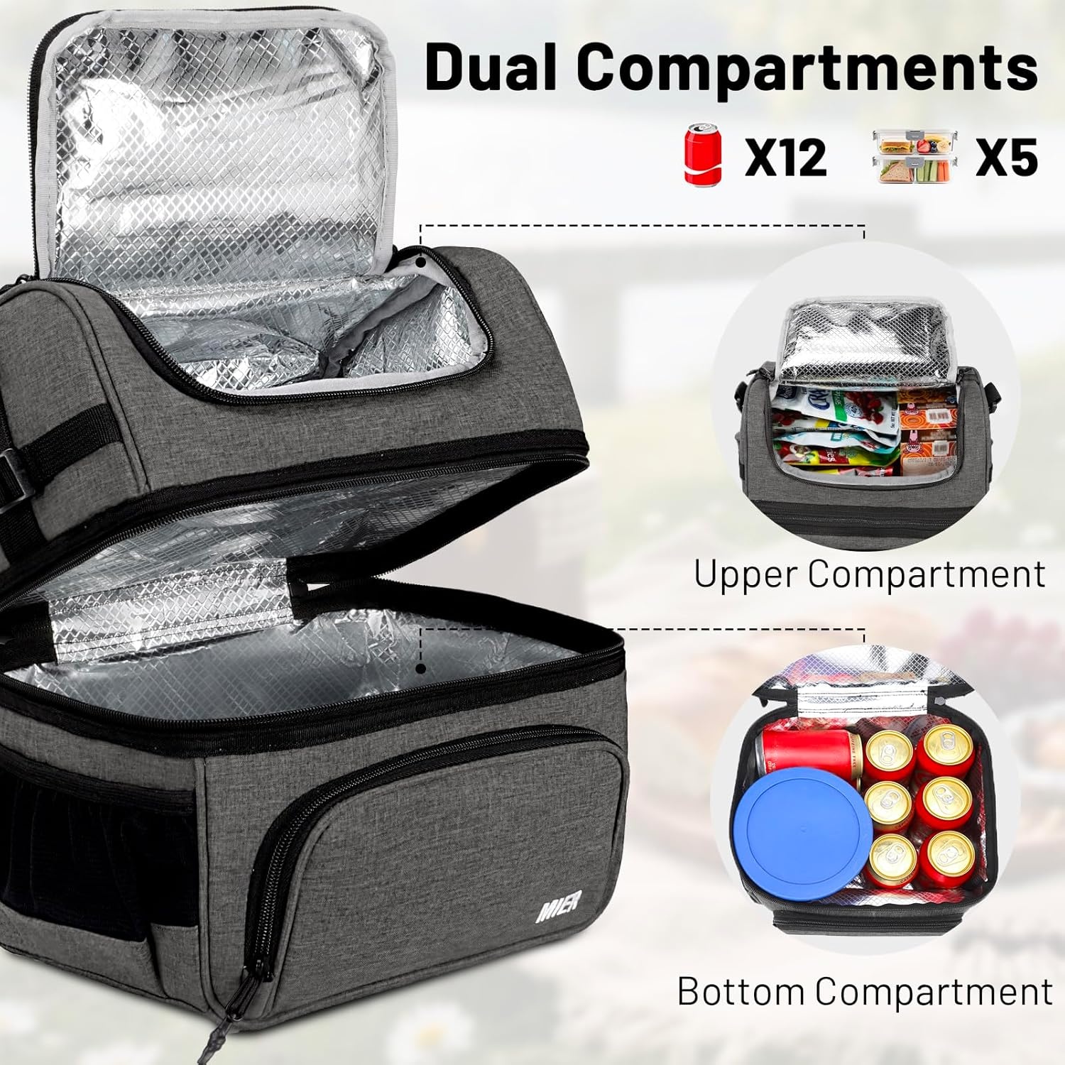 image:imageMIER Dual Compartment Lunch Bag Tote with Shoulder Strap for Men and Women Insulated Leakproof Cooler Bag BlackRedGray
