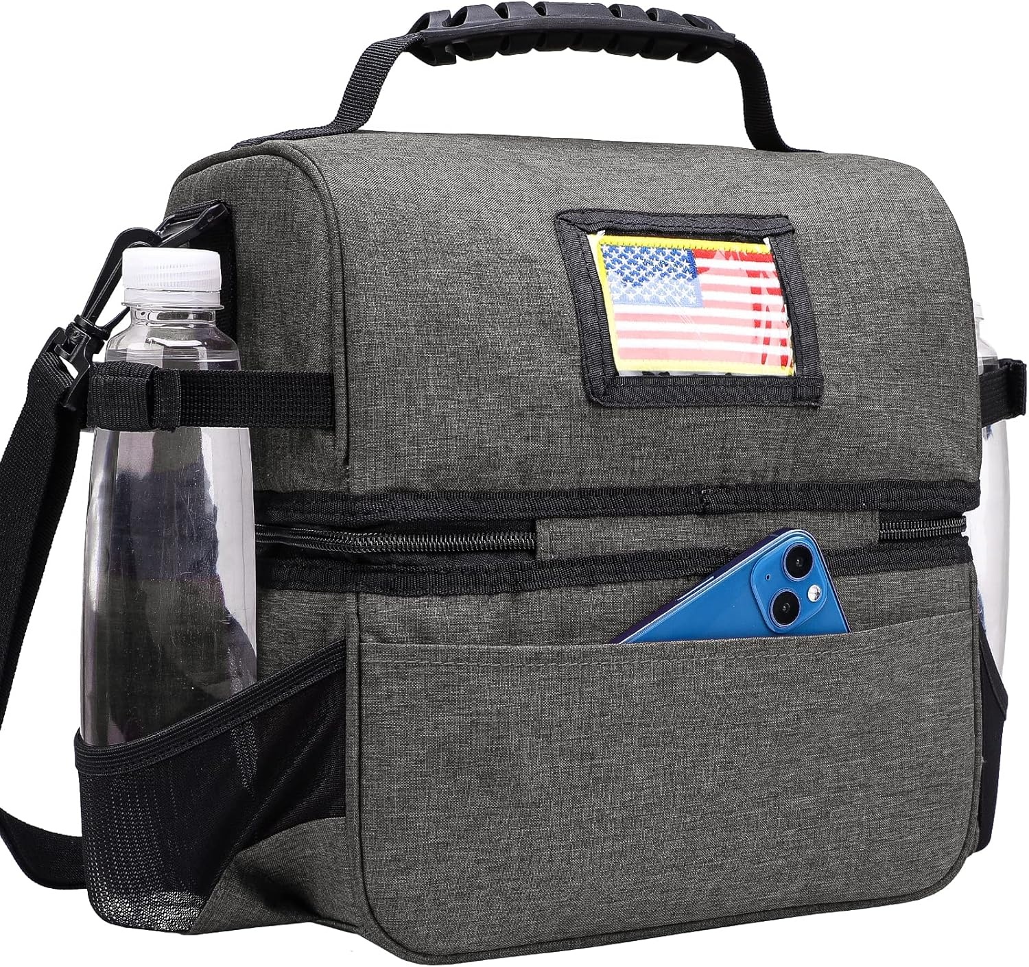 image:imageMIER Dual Compartment Lunch Bag Tote with Shoulder Strap for Men and Women Insulated Leakproof Cooler Bag BlackRedGray