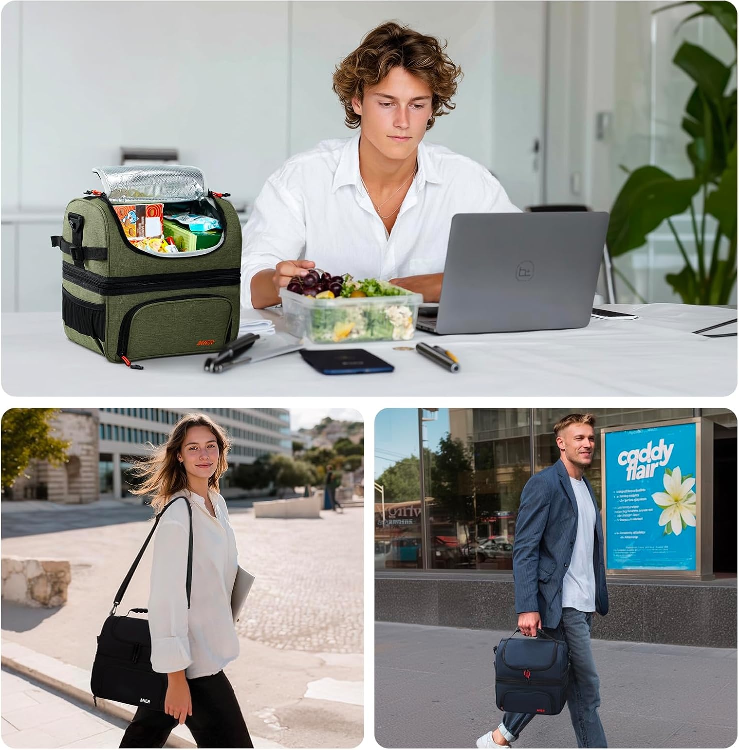 image:imageMIER Dual Compartment Lunch Bag Tote with Shoulder Strap for Men and Women Insulated Leakproof Cooler Bag BlackRedGray