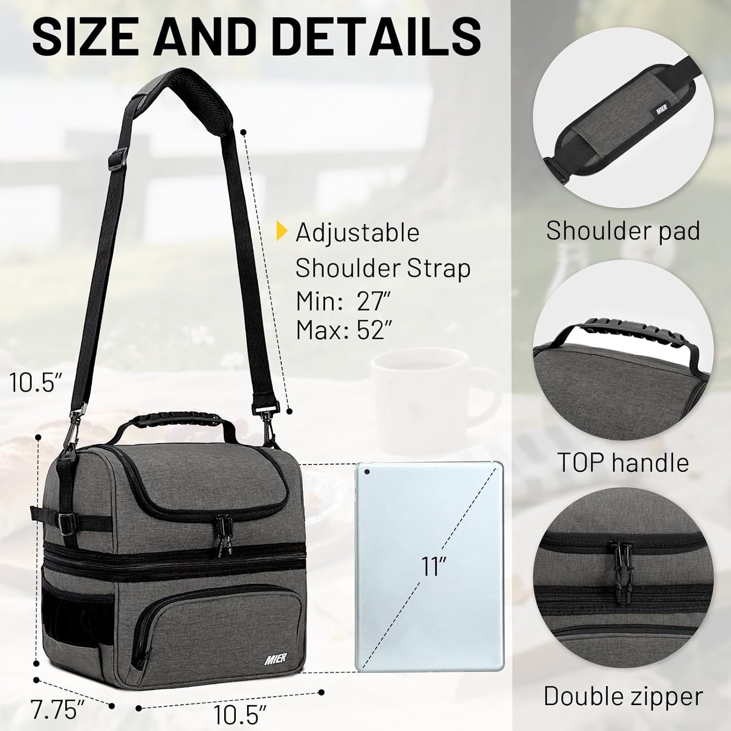 image:imageMIER Dual Compartment Lunch Bag Tote with Shoulder Strap for Men and Women Insulated Leakproof Cooler Bag BlackRedGray