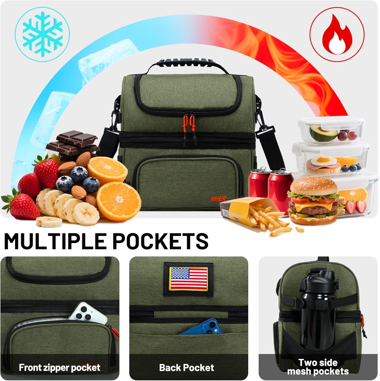 image:imageMIER Dual Compartment Lunch Bag Tote with Shoulder Strap for Men and Women Insulated Leakproof Cooler Bag BlackRedGreen