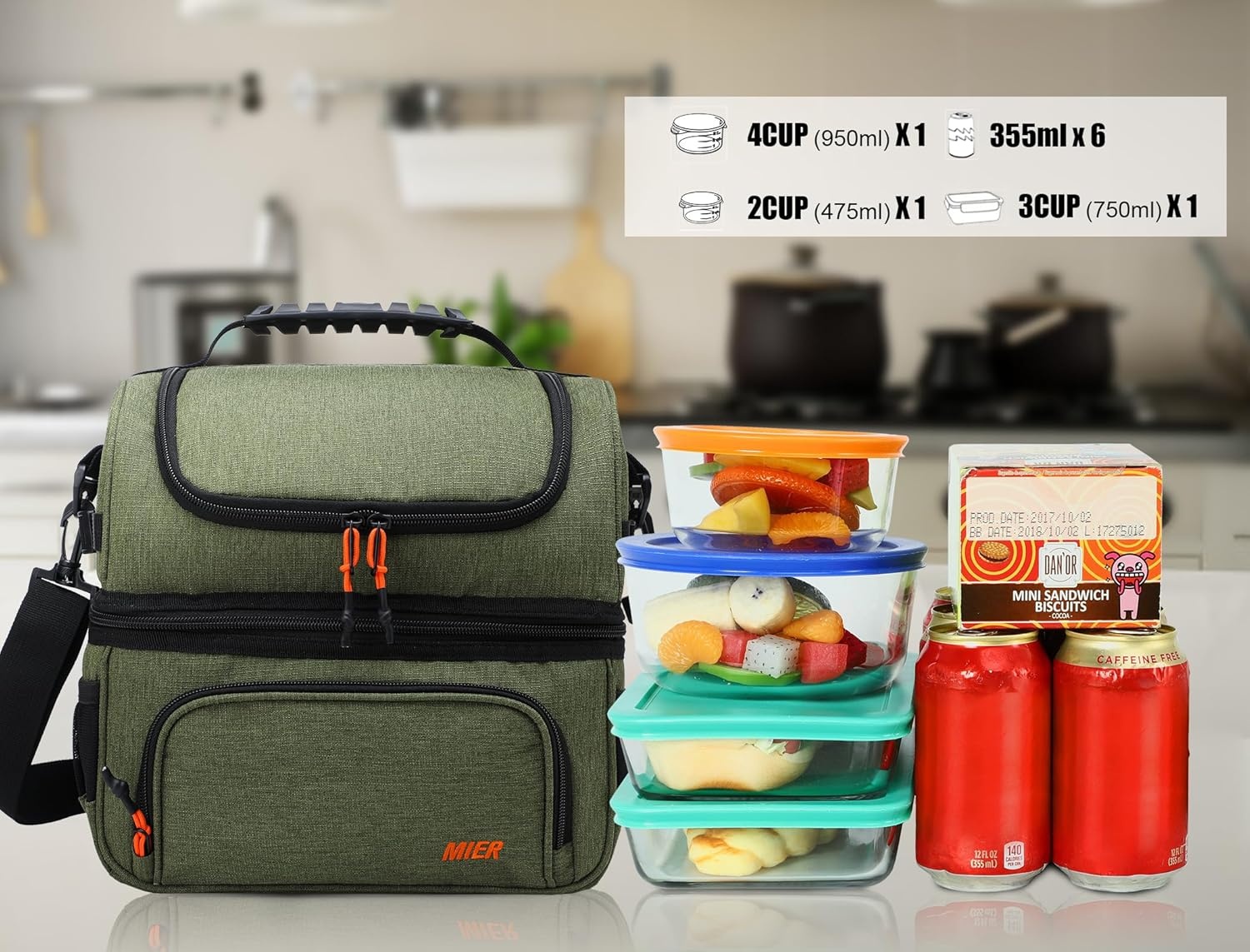 image:imageMIER Dual Compartment Lunch Bag Tote with Shoulder Strap for Men and Women Insulated Leakproof Cooler Bag BlackRedGreen