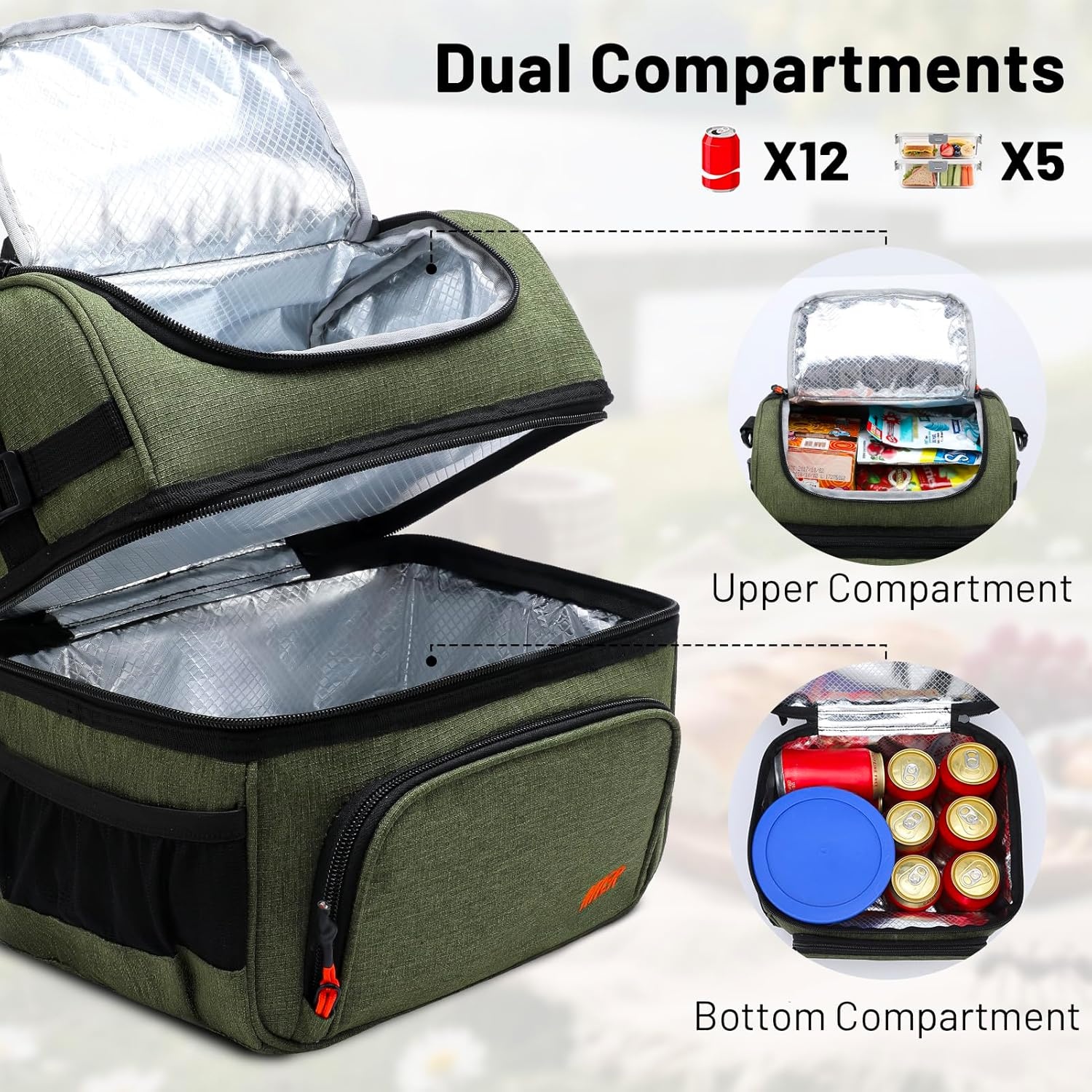 image:imageMIER Dual Compartment Lunch Bag Tote with Shoulder Strap for Men and Women Insulated Leakproof Cooler Bag BlackRedGreen