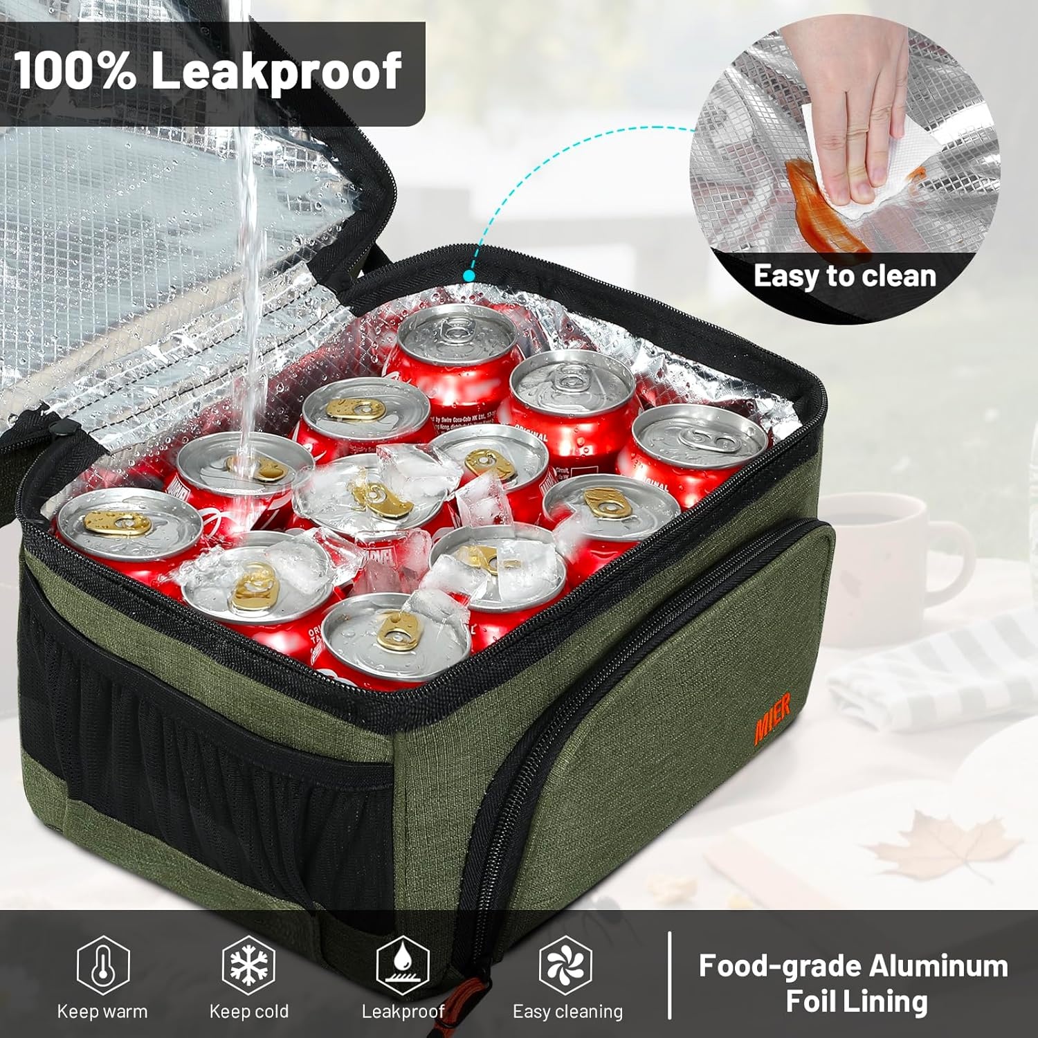 image:imageMIER Dual Compartment Lunch Bag Tote with Shoulder Strap for Men and Women Insulated Leakproof Cooler Bag BlackRedGreen
