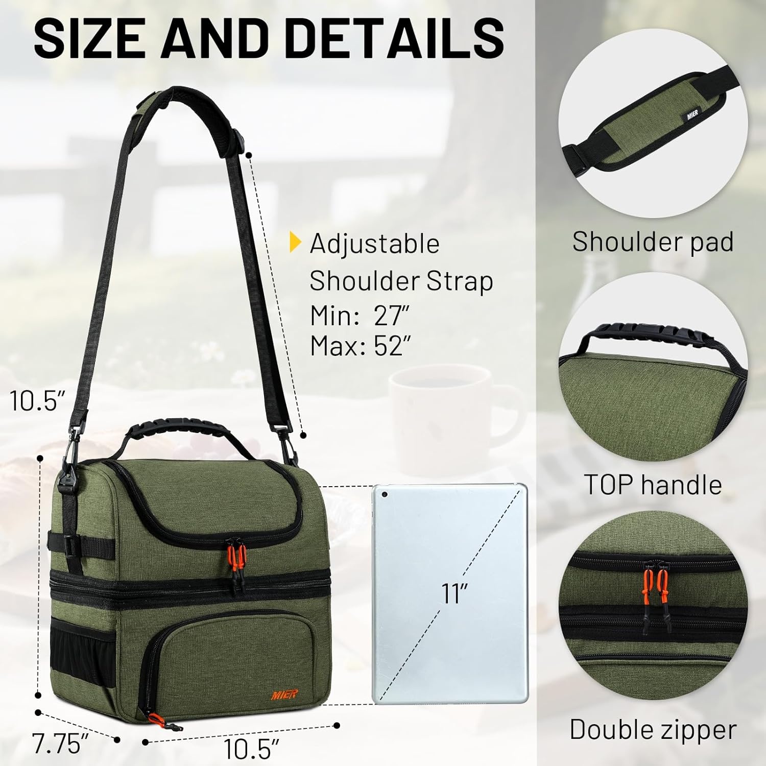 image:imageMIER Dual Compartment Lunch Bag Tote with Shoulder Strap for Men and Women Insulated Leakproof Cooler Bag BlackRedGreen