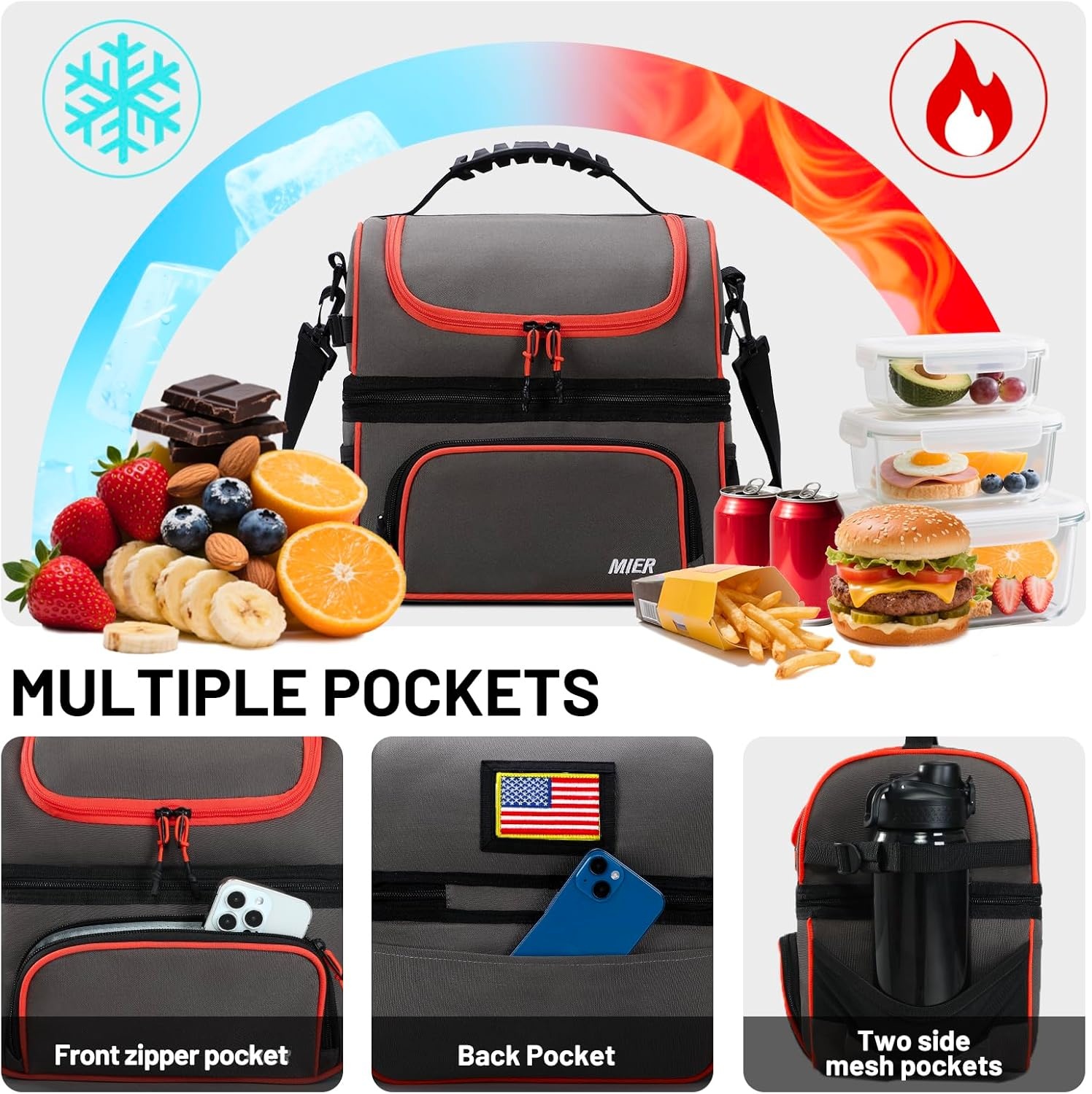 image:imageMIER Dual Compartment Lunch Bag Tote with Shoulder Strap for Men and Women Insulated Leakproof Cooler Bag BlackRedGreyOrange
