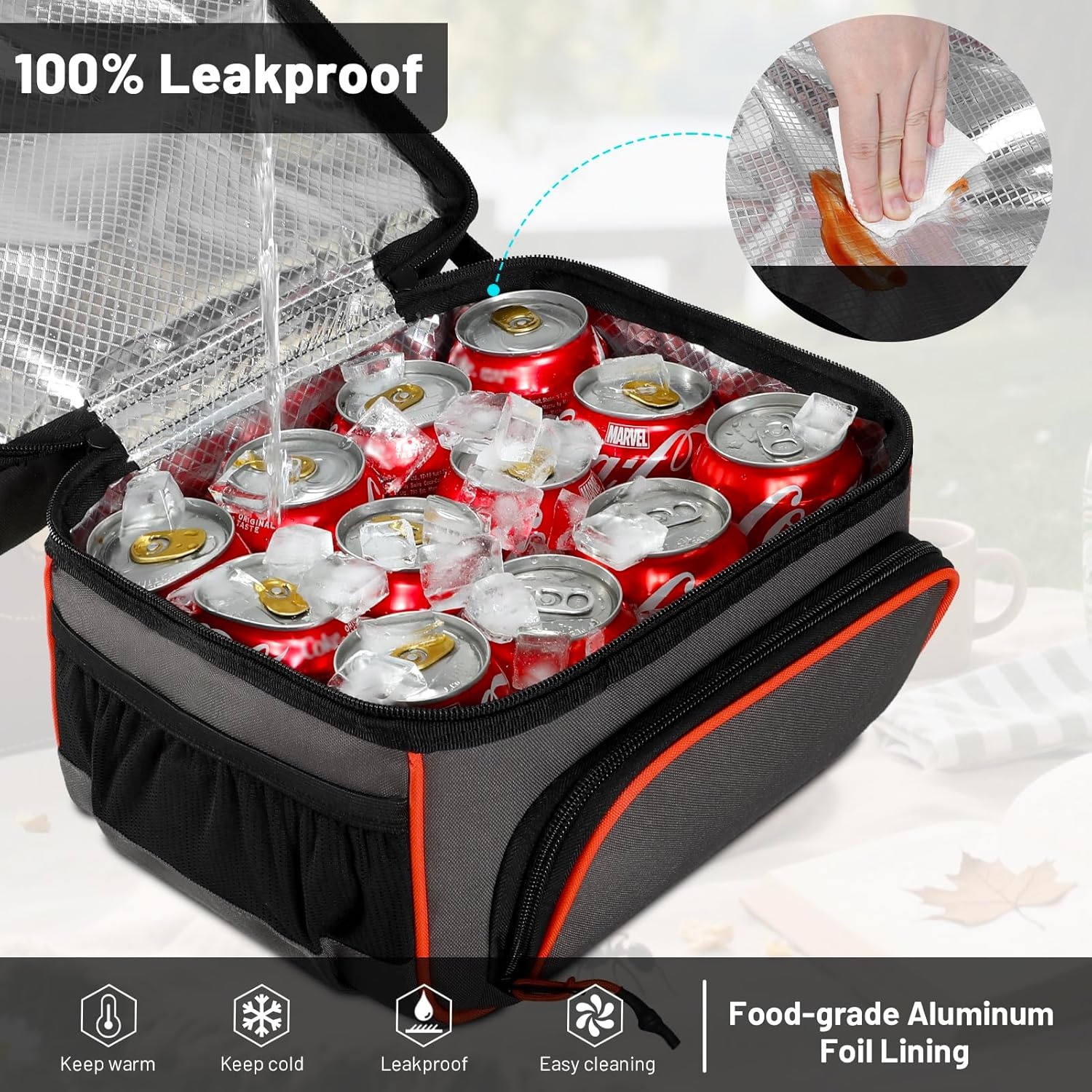 image:imageMIER Dual Compartment Lunch Bag Tote with Shoulder Strap for Men and Women Insulated Leakproof Cooler Bag BlackRedGreyOrange