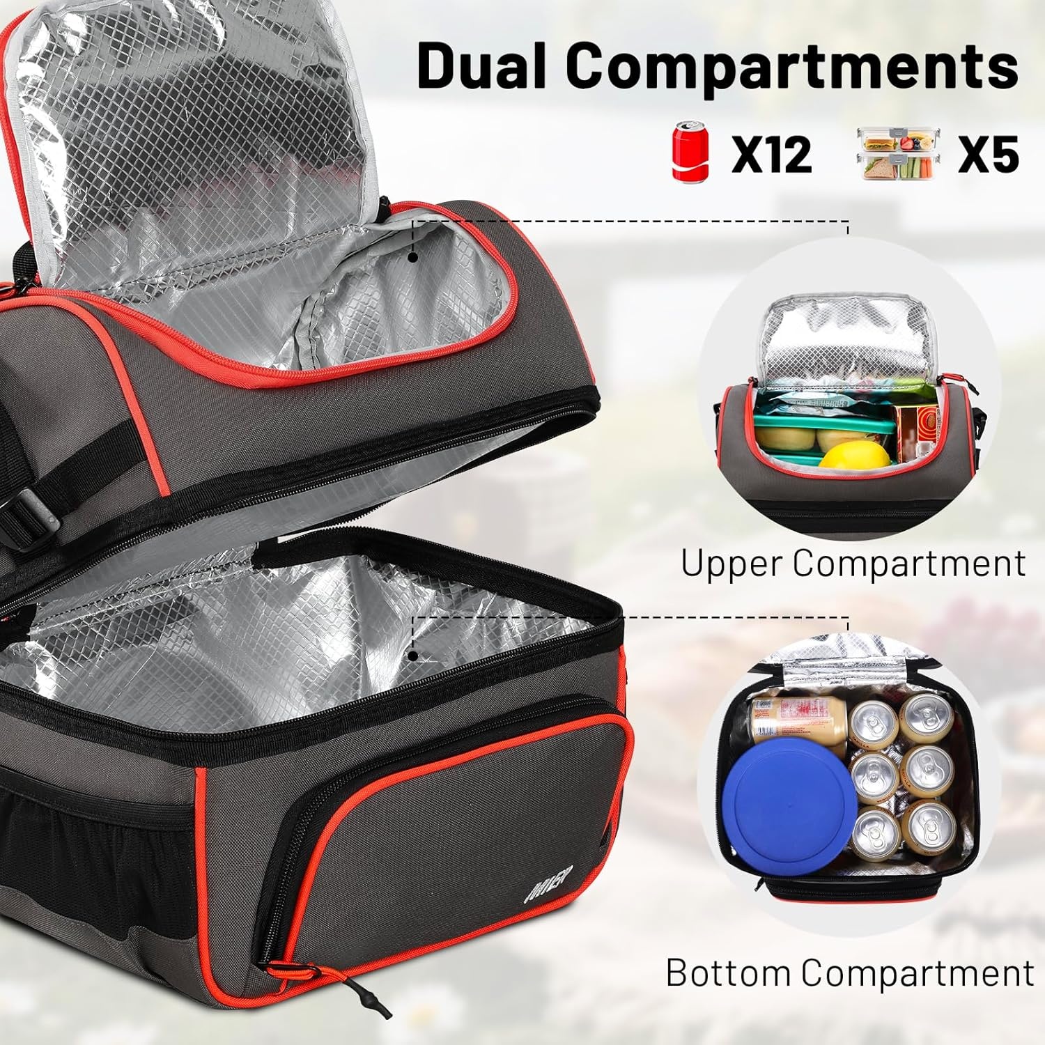 image:imageMIER Dual Compartment Lunch Bag Tote with Shoulder Strap for Men and Women Insulated Leakproof Cooler Bag BlackRedGreyOrange