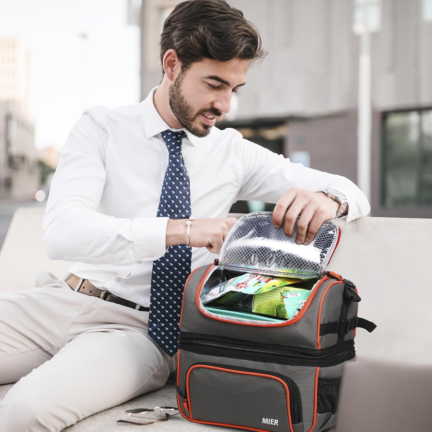 image:imageMIER Dual Compartment Lunch Bag Tote with Shoulder Strap for Men and Women Insulated Leakproof Cooler Bag BlackRedGreyOrange