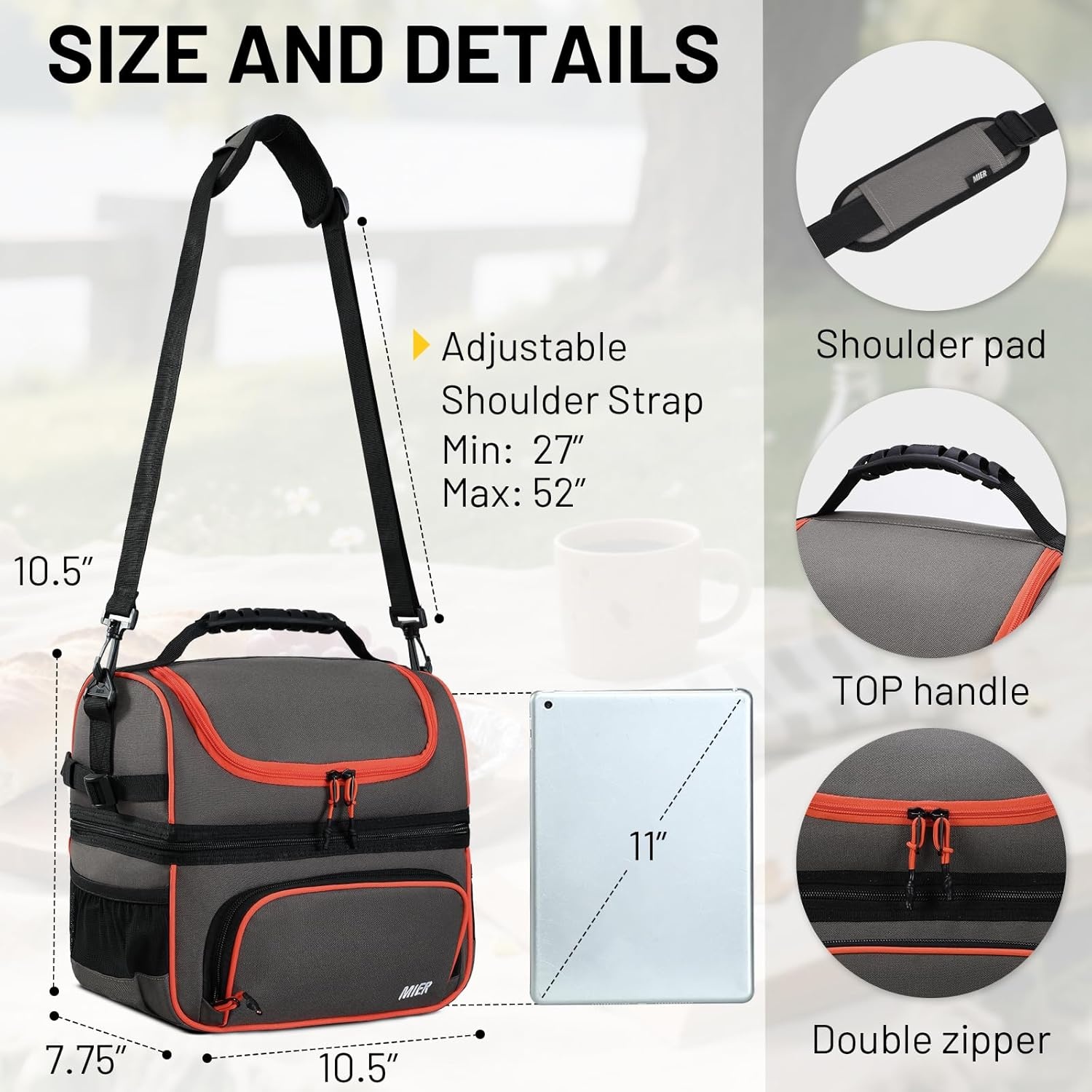 image:imageMIER Dual Compartment Lunch Bag Tote with Shoulder Strap for Men and Women Insulated Leakproof Cooler Bag BlackRedGreyOrange