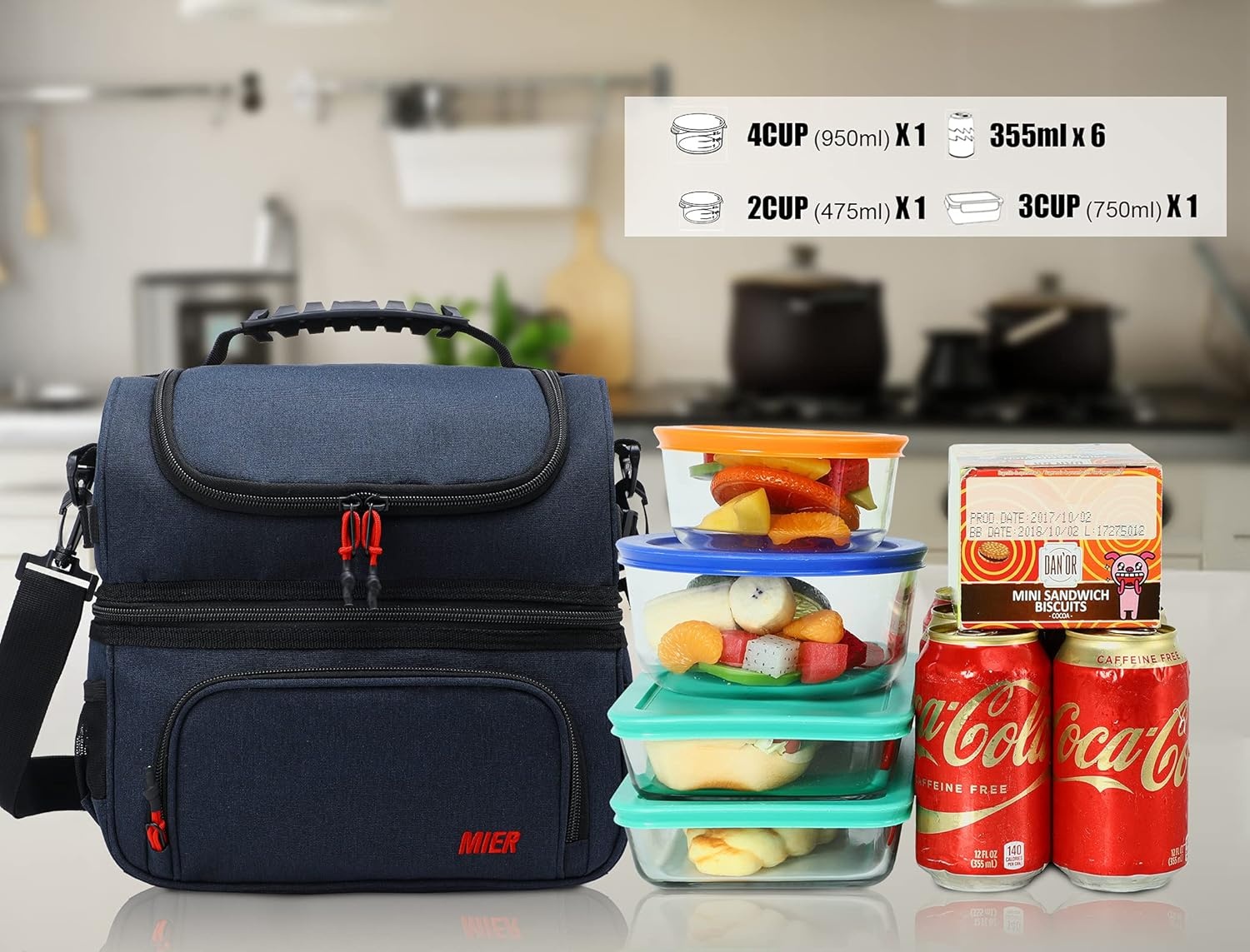 image:imageMIER Dual Compartment Lunch Bag Tote with Shoulder Strap for Men and Women Insulated Leakproof Cooler Bag BlackRedNavy Blue