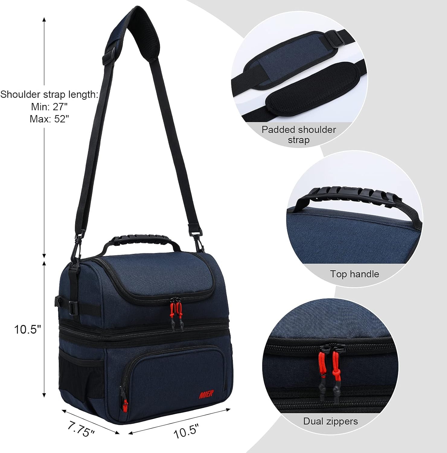 image:imageMIER Dual Compartment Lunch Bag Tote with Shoulder Strap for Men and Women Insulated Leakproof Cooler Bag BlackRedNavy Blue