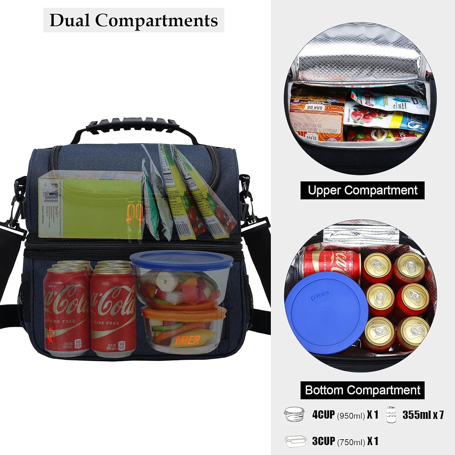 image:imageMIER Dual Compartment Lunch Bag Tote with Shoulder Strap for Men and Women Insulated Leakproof Cooler Bag BlackRedNavy Blue