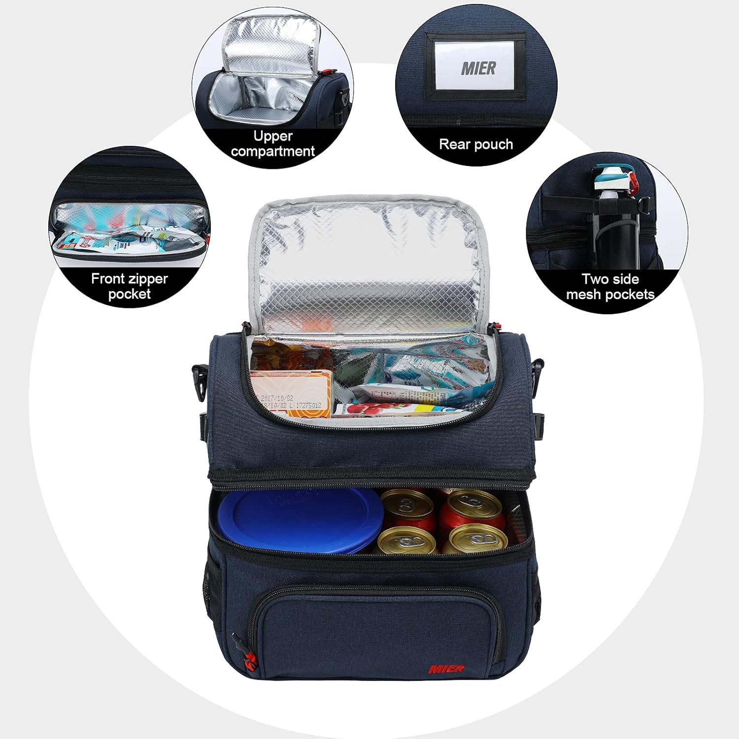 image:imageMIER Dual Compartment Lunch Bag Tote with Shoulder Strap for Men and Women Insulated Leakproof Cooler Bag BlackRedNavy Blue