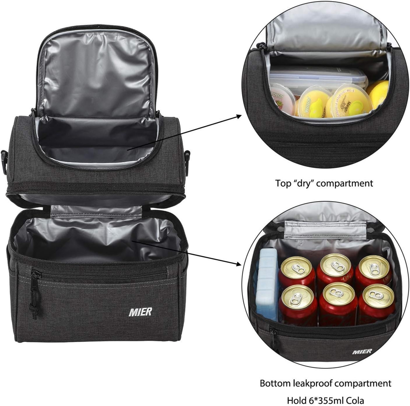 image:imageMIER Dual Compartment Lunch Bag Tote with Shoulder Strap for Men and Women Leakproof Insulated Cooler Bag for Work
