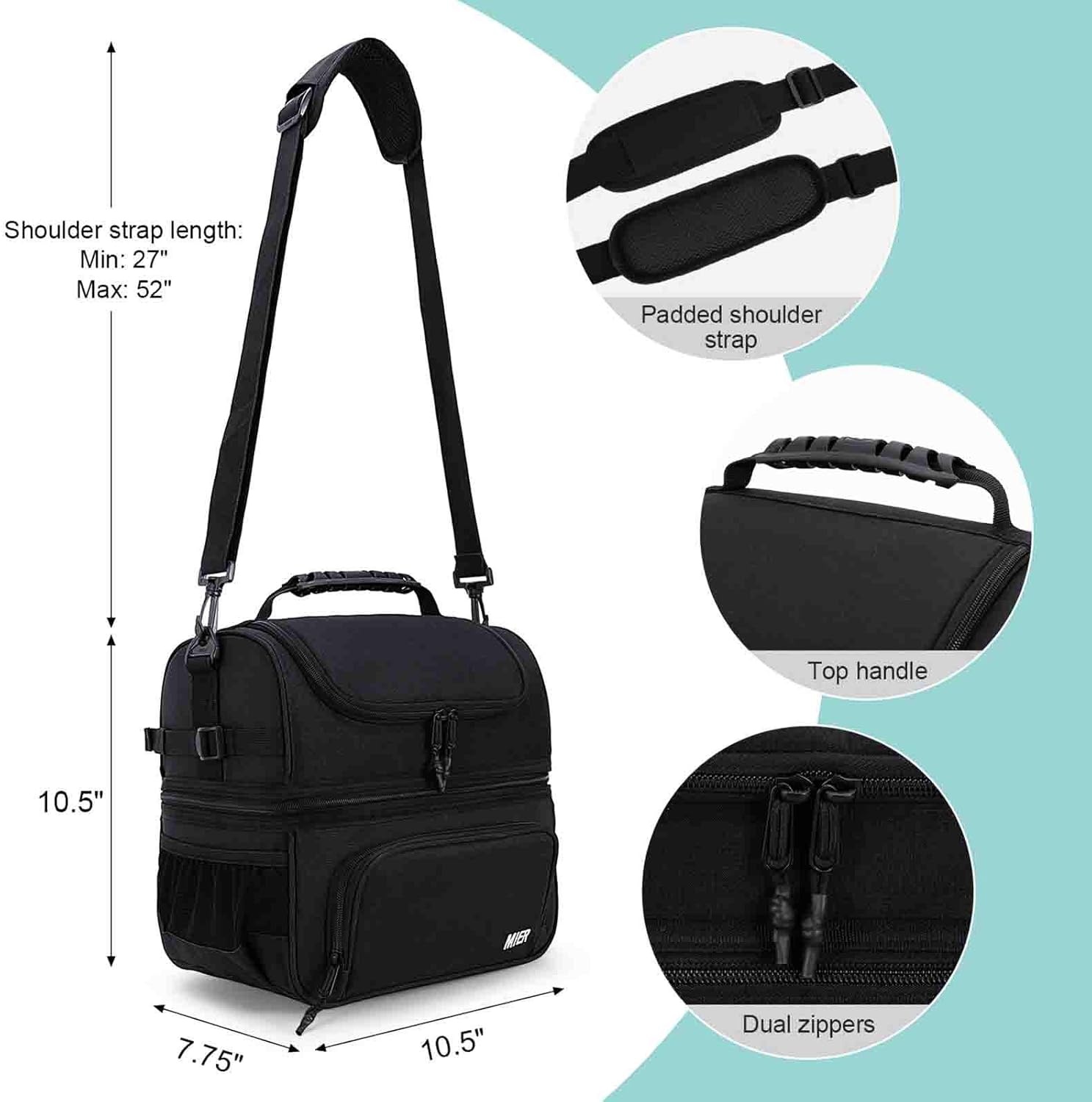 image:imageMIER Dual Compartment Lunch Bag Tote with Shoulder Strap for Men and Women Leakproof Insulated Cooler Bag for Work