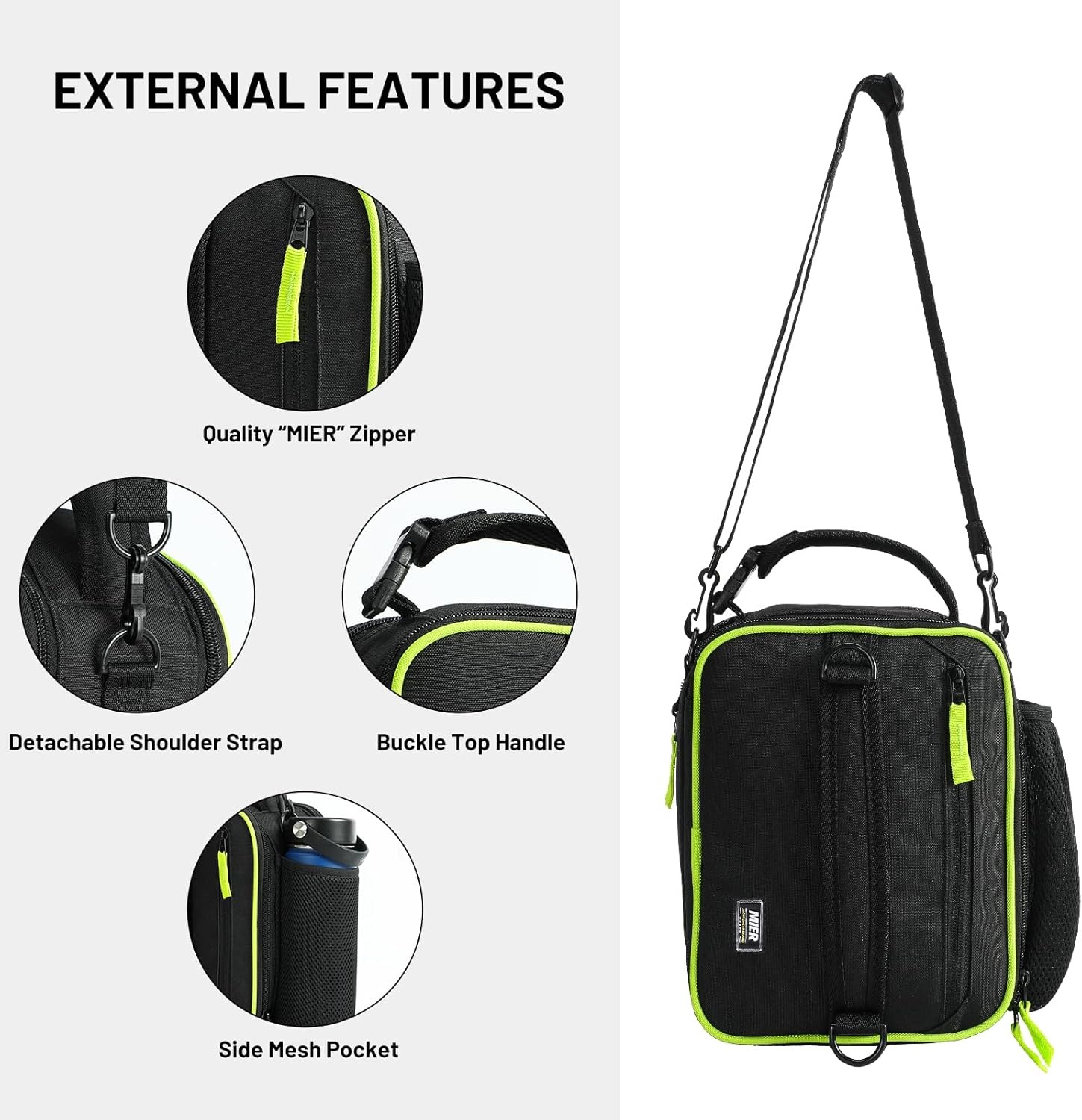 image:imageMIER Expandable Lunch Bag Insulated Lunch Box for Men to Work Travel Portable Lunchbox Bags with Shoulder Strap and Water Bottle Holder BlackBlackGreen