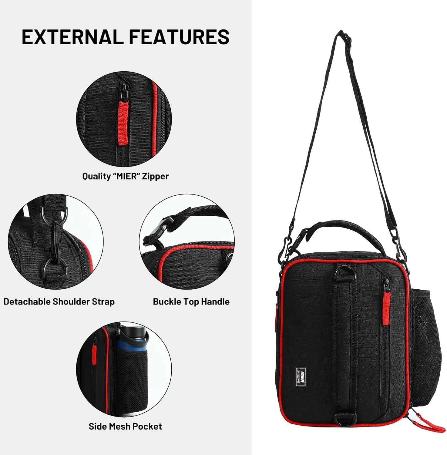 image:imageMIER Expandable Lunch Bag Insulated Lunch Box for Men to Work Travel Portable Lunchbox Bags with Shoulder Strap and Water Bottle Holder BlackBlackRed
