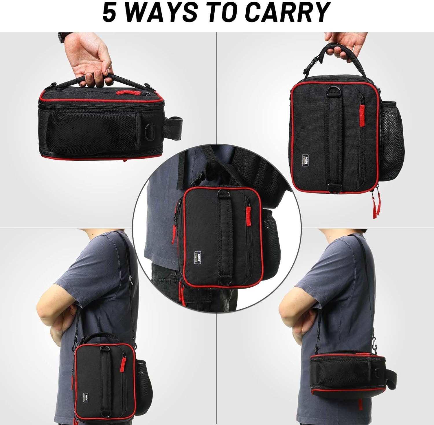 image:imageMIER Expandable Lunch Bag Insulated Lunch Box for Men to Work Travel Portable Lunchbox Bags with Shoulder Strap and Water Bottle Holder BlackBlackRed