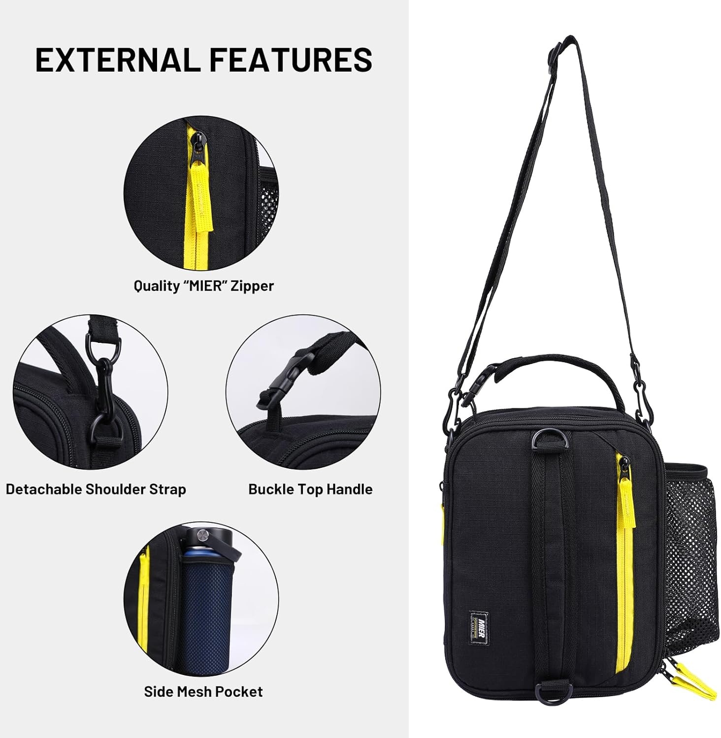 image:imageMIER Expandable Lunch Bag Insulated Lunch Box for Men to Work Travel Portable Lunchbox Bags with Shoulder Strap and Water Bottle Holder BlackBlackYellow