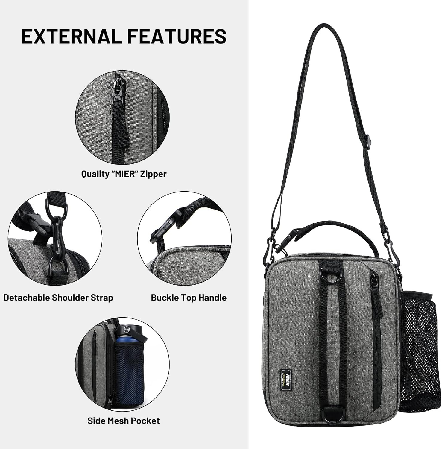 image:imageMIER Expandable Lunch Bag Insulated Lunch Box for Men to Work Travel Portable Lunchbox Bags with Shoulder Strap and Water Bottle Holder BlackGray