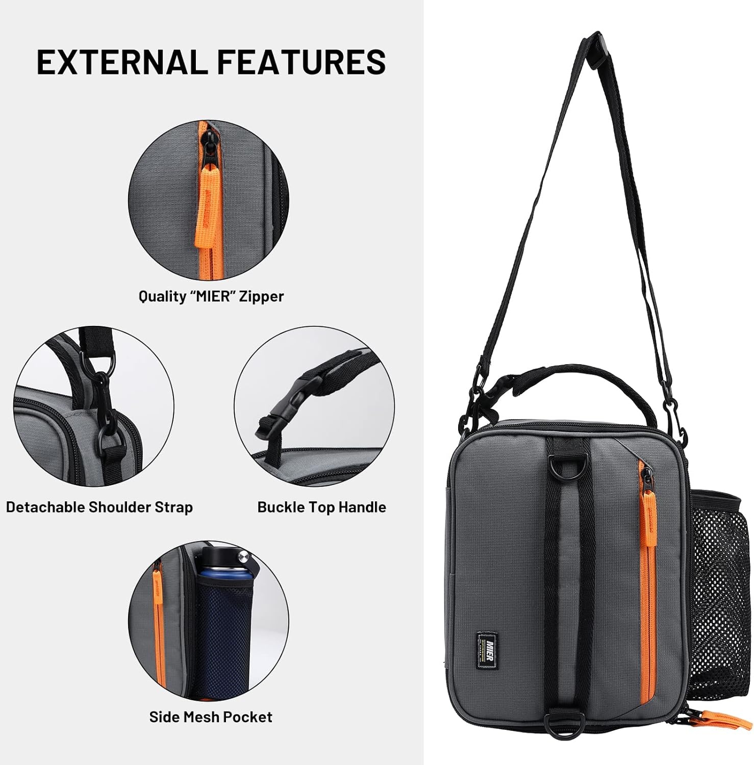 image:imageMIER Expandable Lunch Bag Insulated Lunch Box for Men to Work Travel Portable Lunchbox Bags with Shoulder Strap and Water Bottle Holder BlackGreyOrange