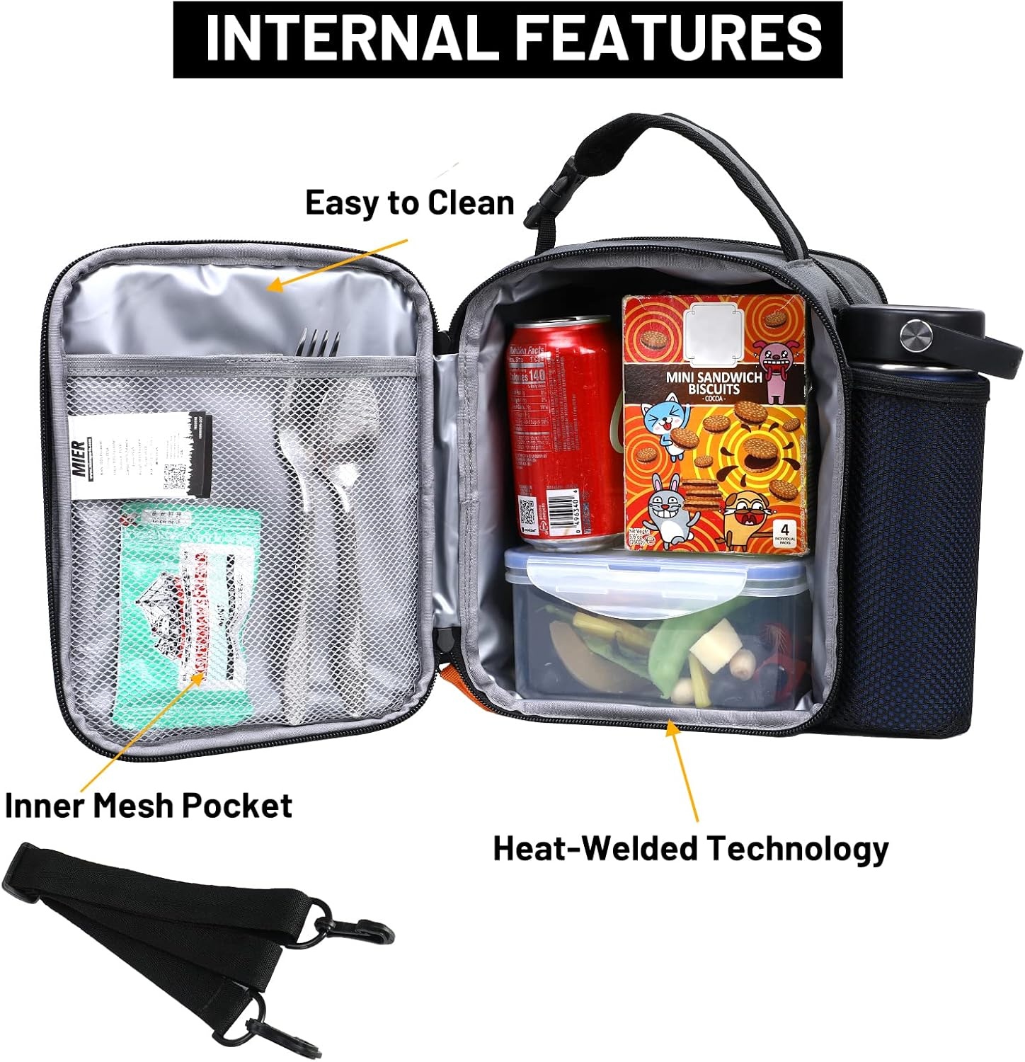 image:imageMIER Expandable Lunch Bag Insulated Lunch Box for Men to Work Travel Portable Lunchbox Bags with Shoulder Strap and Water Bottle Holder BlackGreyOrange