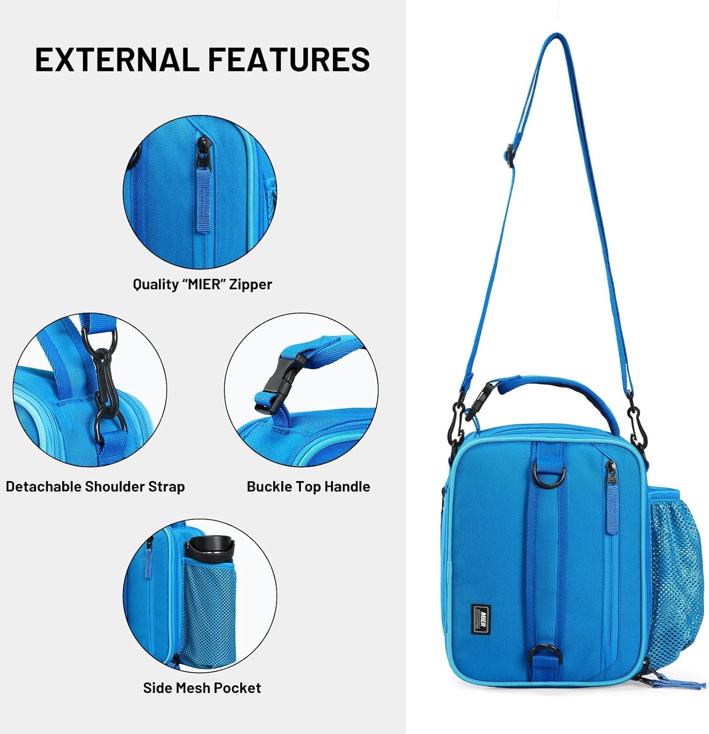 image:imageMIER Expandable Lunch Bag Insulated Lunch Box for Men to Work Travel Portable Lunchbox Bags with Shoulder Strap and Water Bottle Holder BlackLight Blue