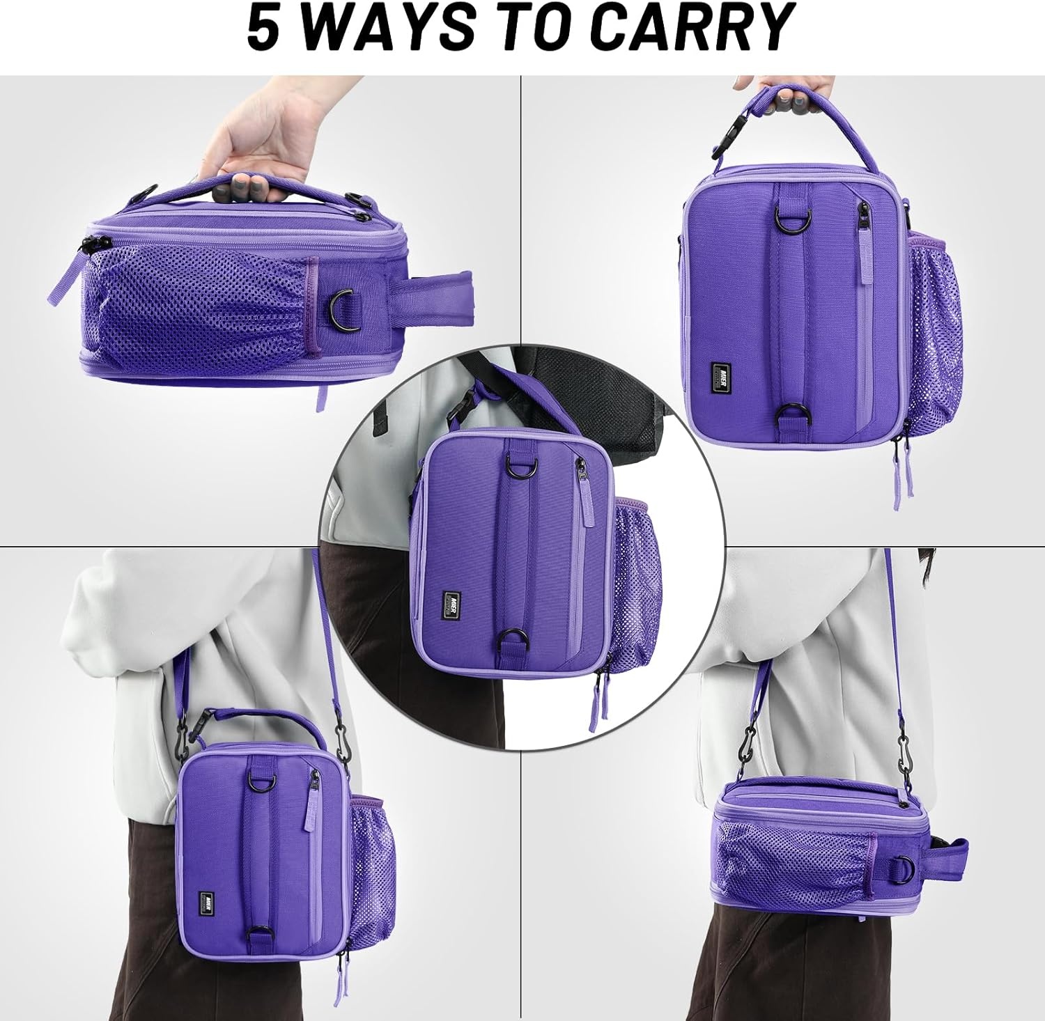 image:imageMIER Expandable Lunch Bag Insulated Lunch Box for Men to Work Travel Portable Lunchbox Bags with Shoulder Strap and Water Bottle Holder BlackLight Purple