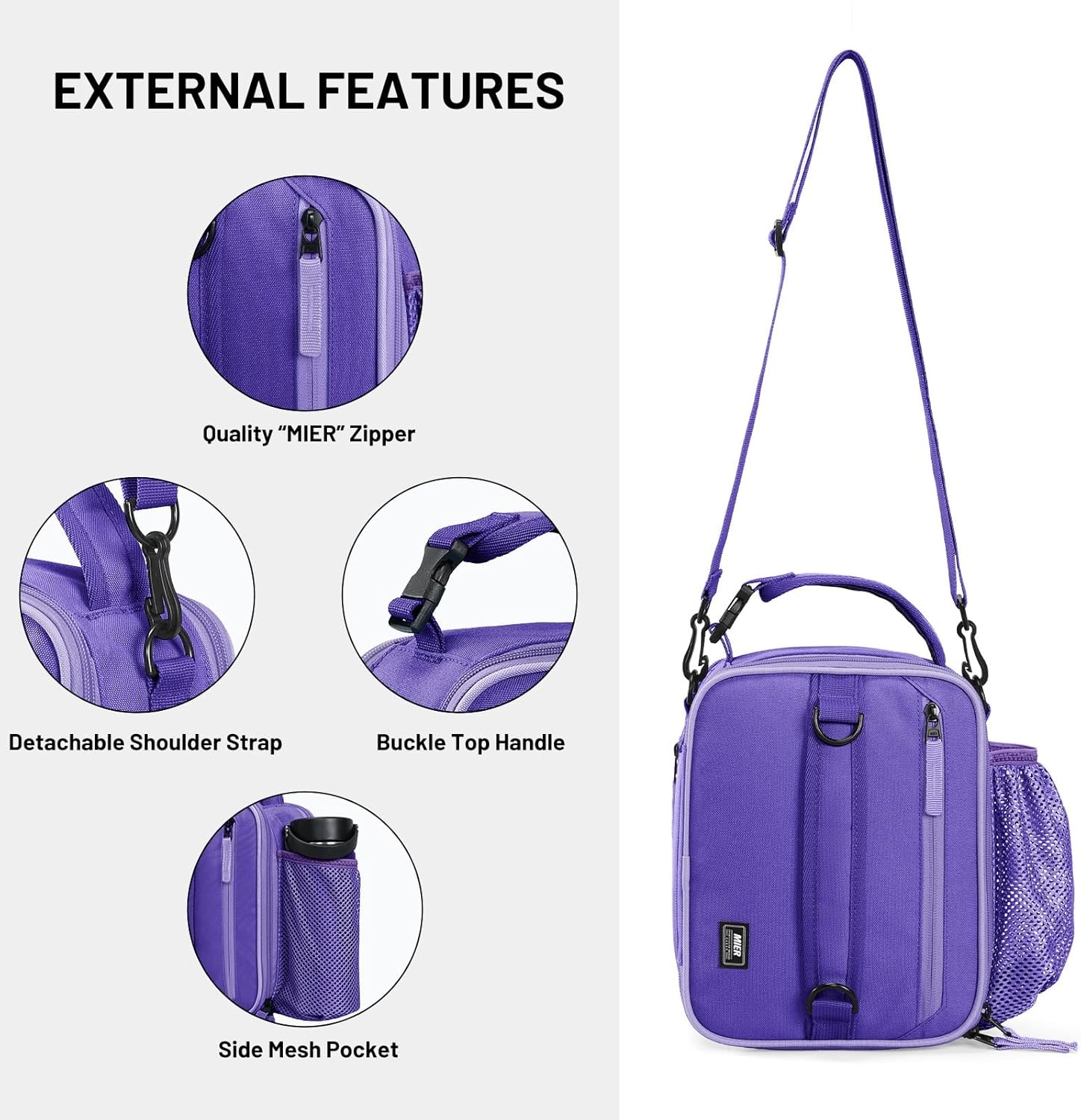 image:imageMIER Expandable Lunch Bag Insulated Lunch Box for Men to Work Travel Portable Lunchbox Bags with Shoulder Strap and Water Bottle Holder BlackLight Purple