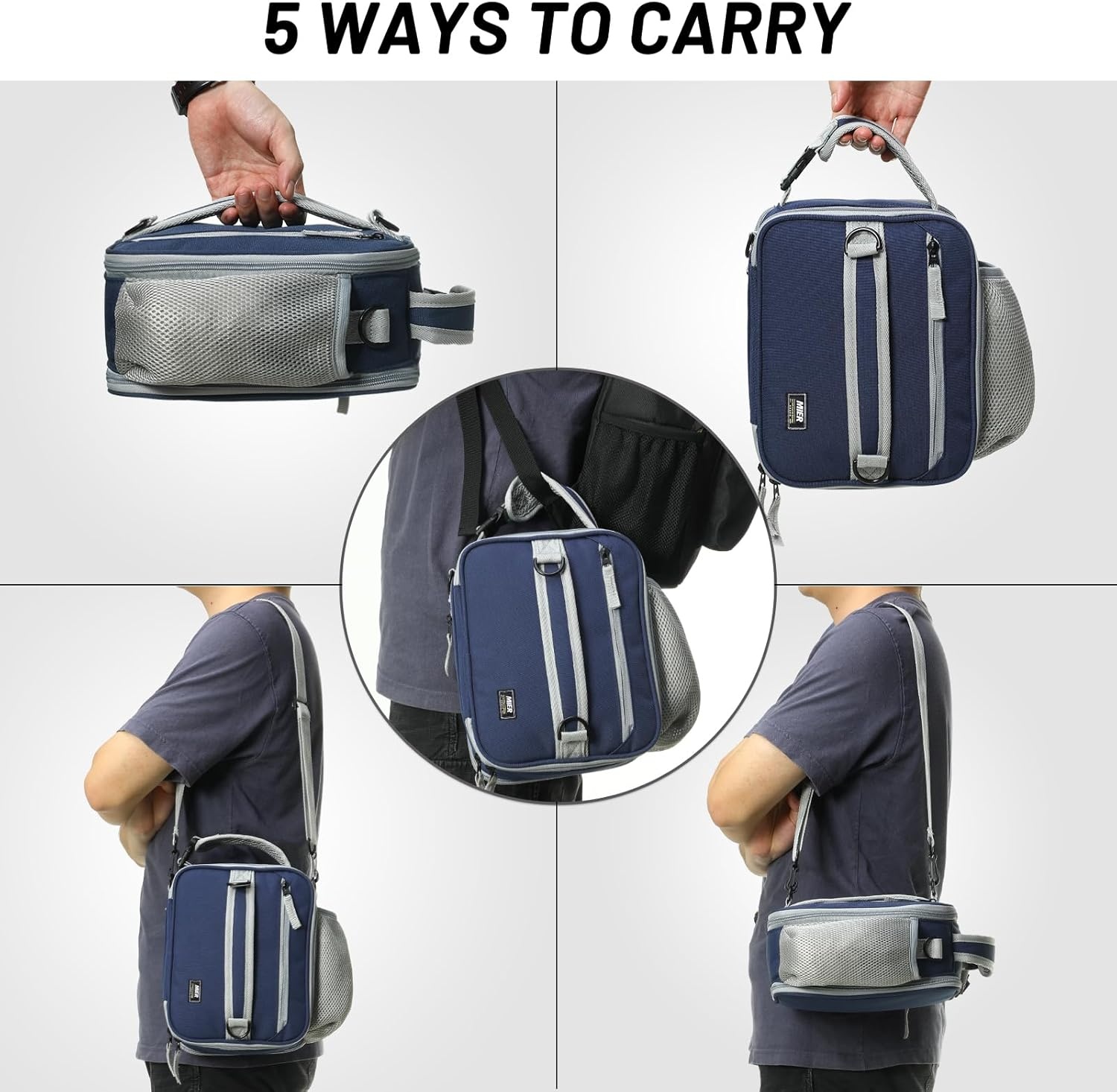 image:imageMIER Expandable Lunch Bag Insulated Lunch Box for Men to Work Travel Portable Lunchbox Bags with Shoulder Strap and Water Bottle Holder BlackNavy Blue