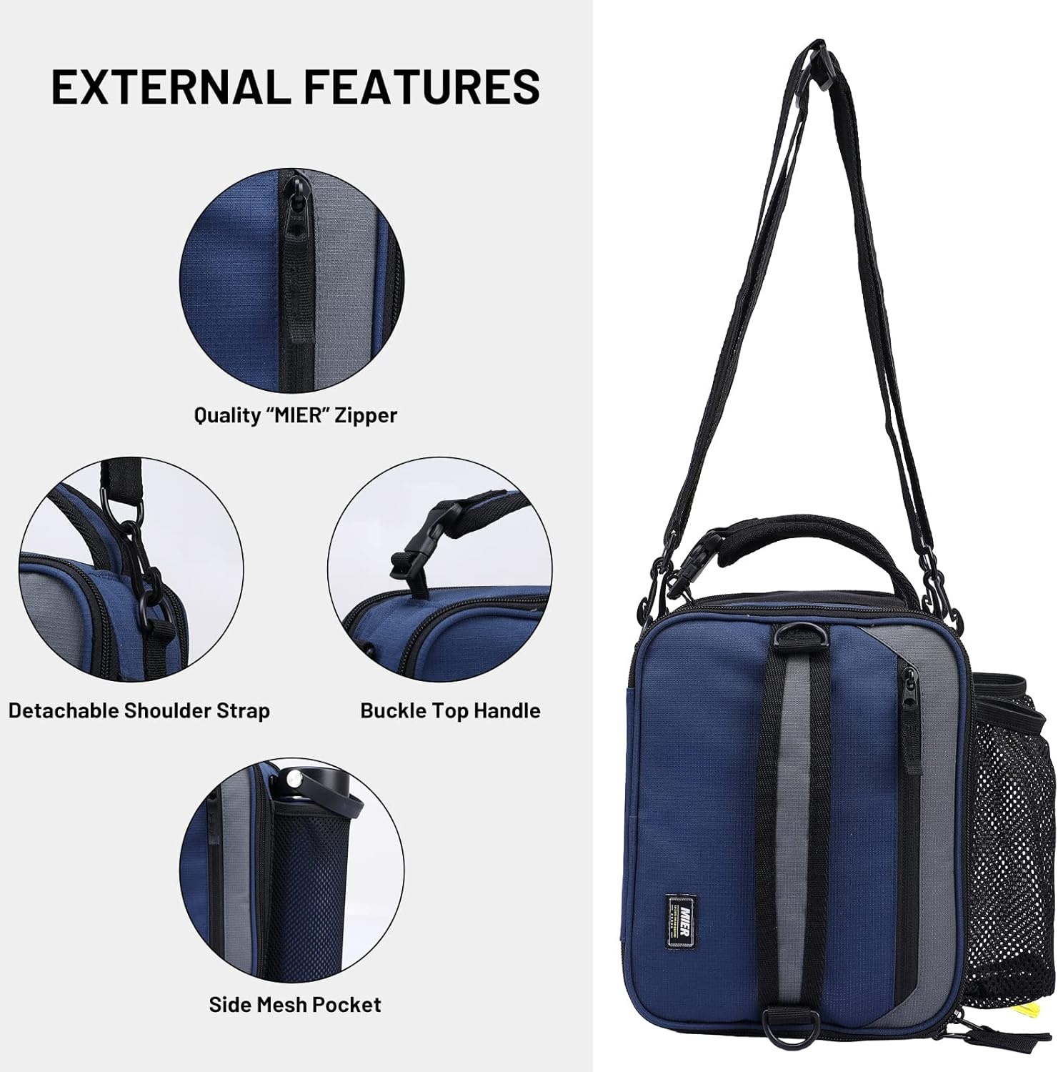 image:imageMIER Expandable Lunch Bag Insulated Lunch Box for Men to Work Travel Portable Lunchbox Bags with Shoulder Strap and Water Bottle Holder BlackNavyGrey