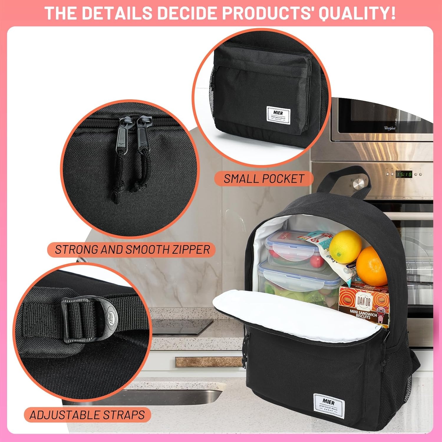 image:imageMIER Insulated Backpack Cooler Small Leakproof Lightweight Cute for Women Men to Work Picnics Camping Park Day Trips 15 LBlack