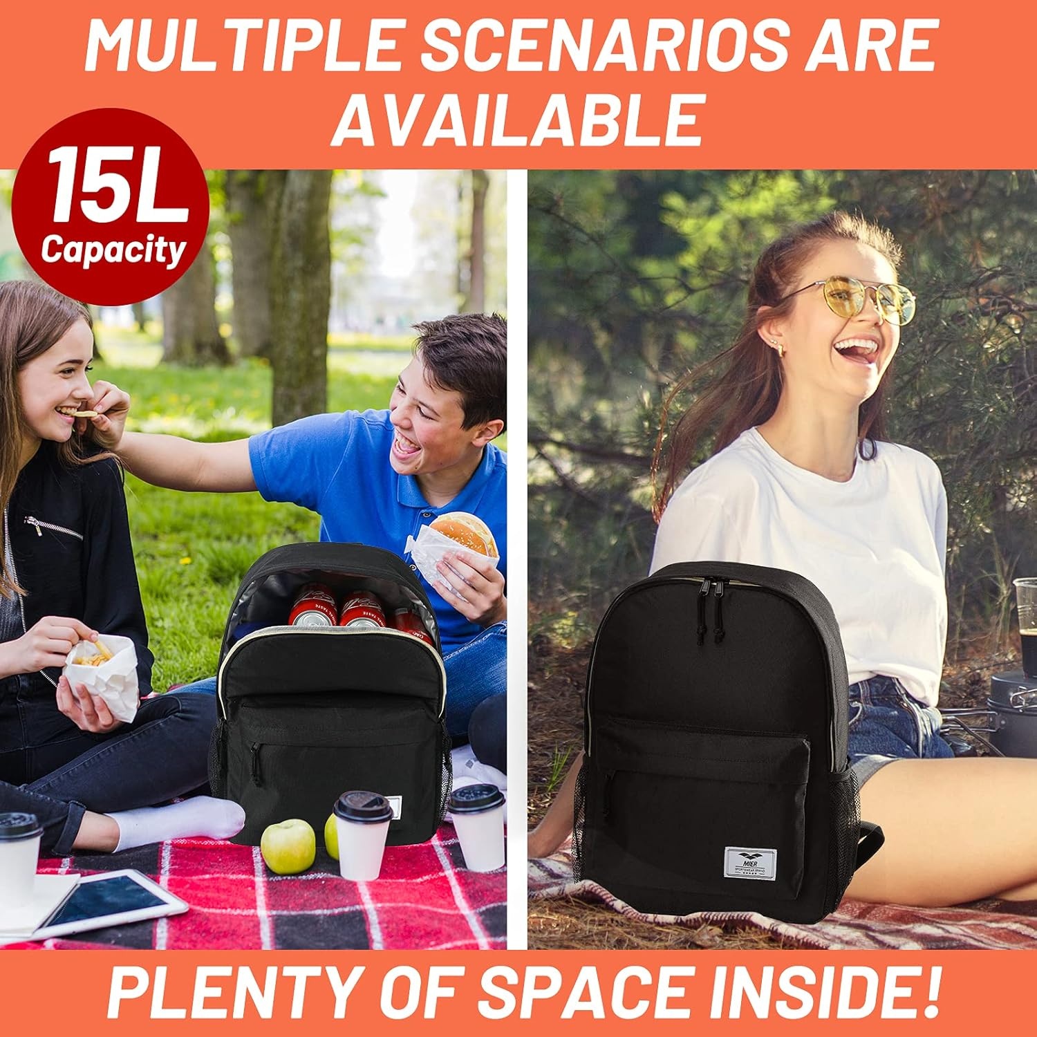 image:imageMIER Insulated Backpack Cooler Small Leakproof Lightweight Cute for Women Men to Work Picnics Camping Park Day Trips 15 LBlack