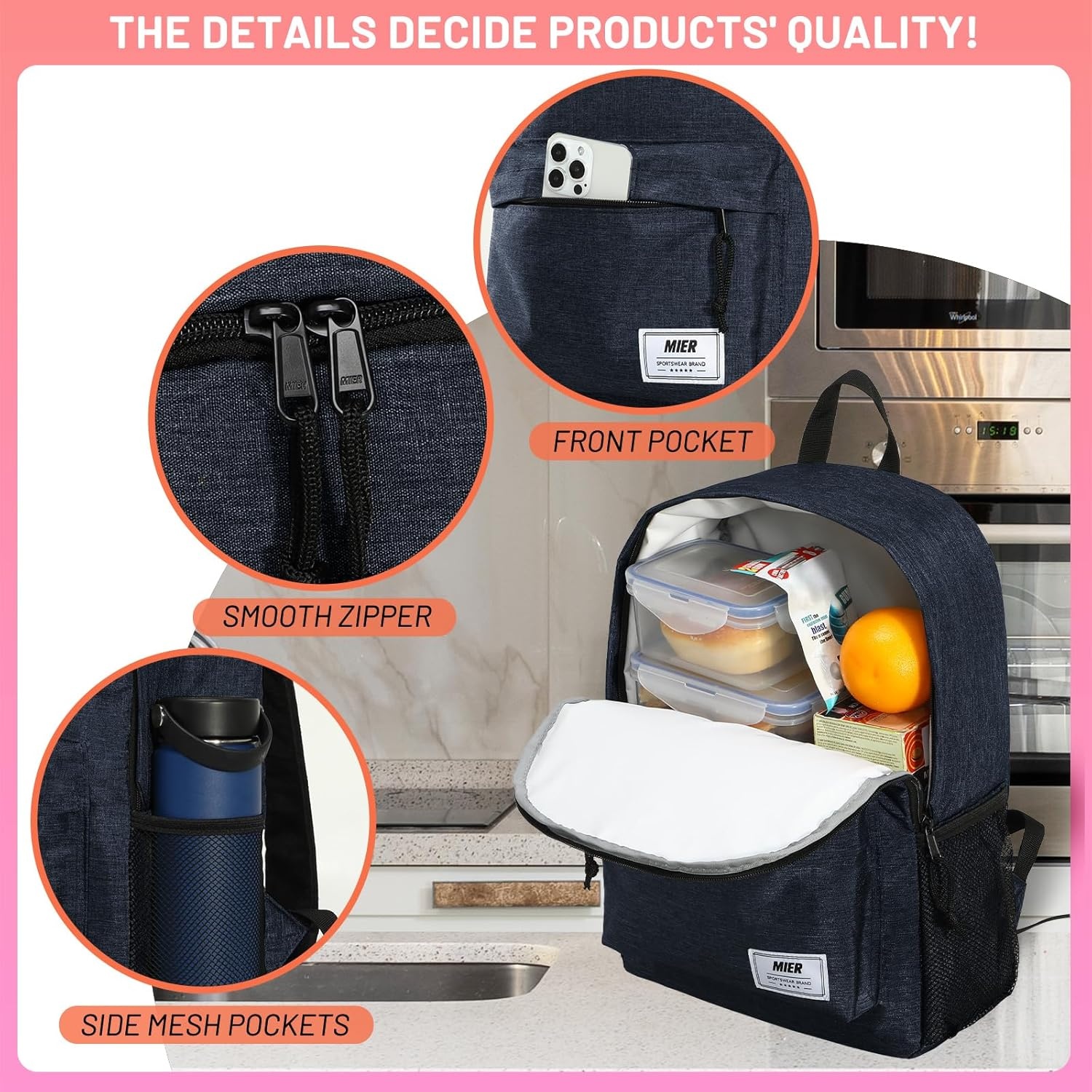 image:imageMIER Insulated Backpack Cooler Small Leakproof Lightweight Cute for Women Men to Work Picnics Camping Park Day Trips 15 LDark Blue