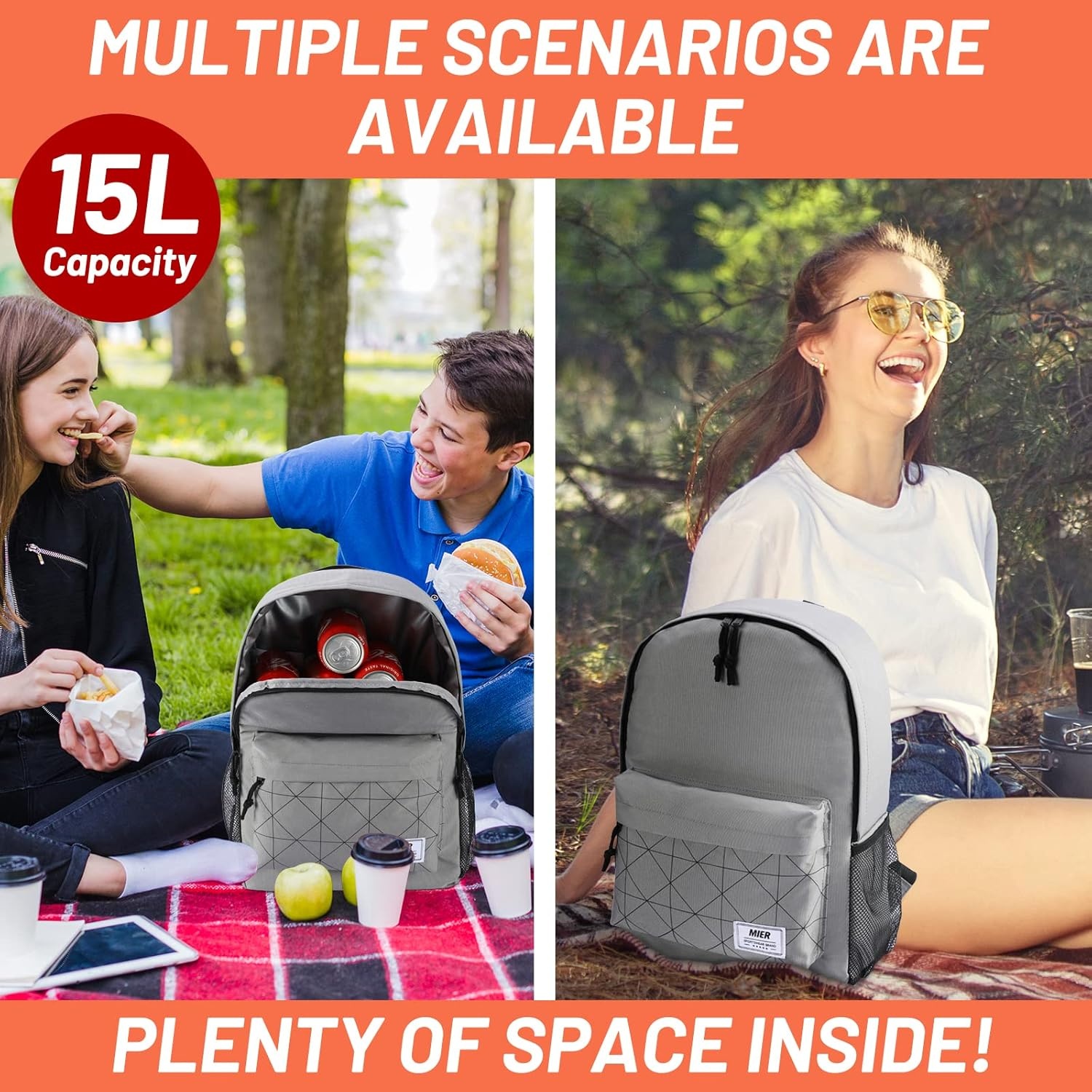 image:imageMIER Insulated Backpack Cooler Small Leakproof Lightweight Cute for Women Men to Work Picnics Camping Park Day Trips 15 LGray