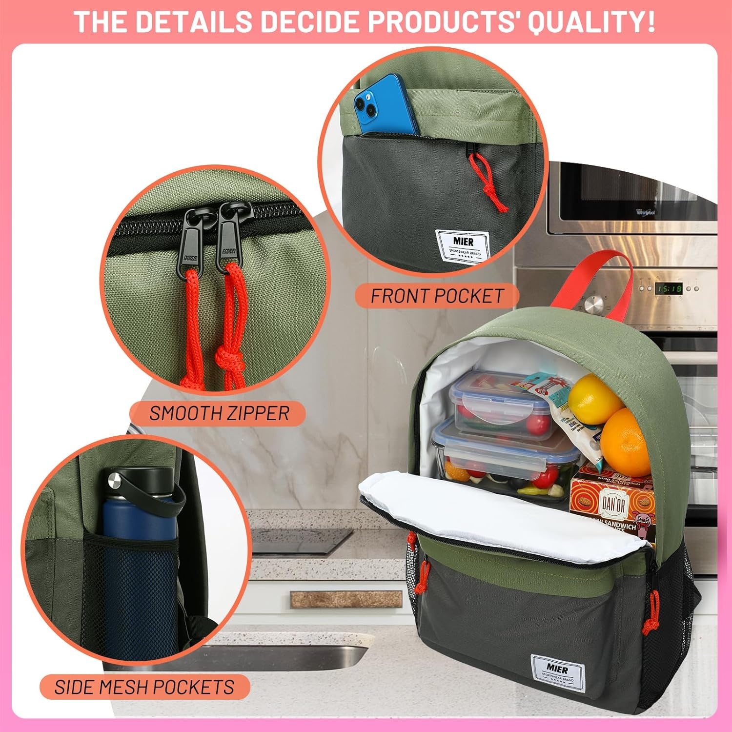 image:imageMIER Insulated Backpack Cooler Small Leakproof Lightweight Cute for Women Men to Work Picnics Camping Park Day Trips 15 LGreendark gray