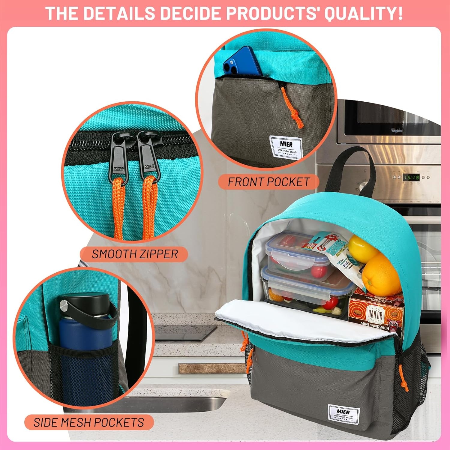image:imageMIER Insulated Backpack Cooler Small Leakproof Lightweight Cute for Women Men to Work Picnics Camping Park Day Trips 15 LPeacock bluedark gray