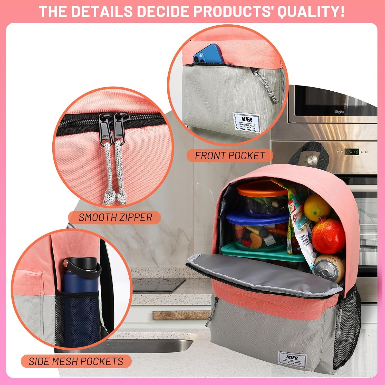 image:imageMIER Insulated Backpack Cooler Small Leakproof Lightweight Cute for Women Men to Work Picnics Camping Park Day Trips 15 LPinkgray