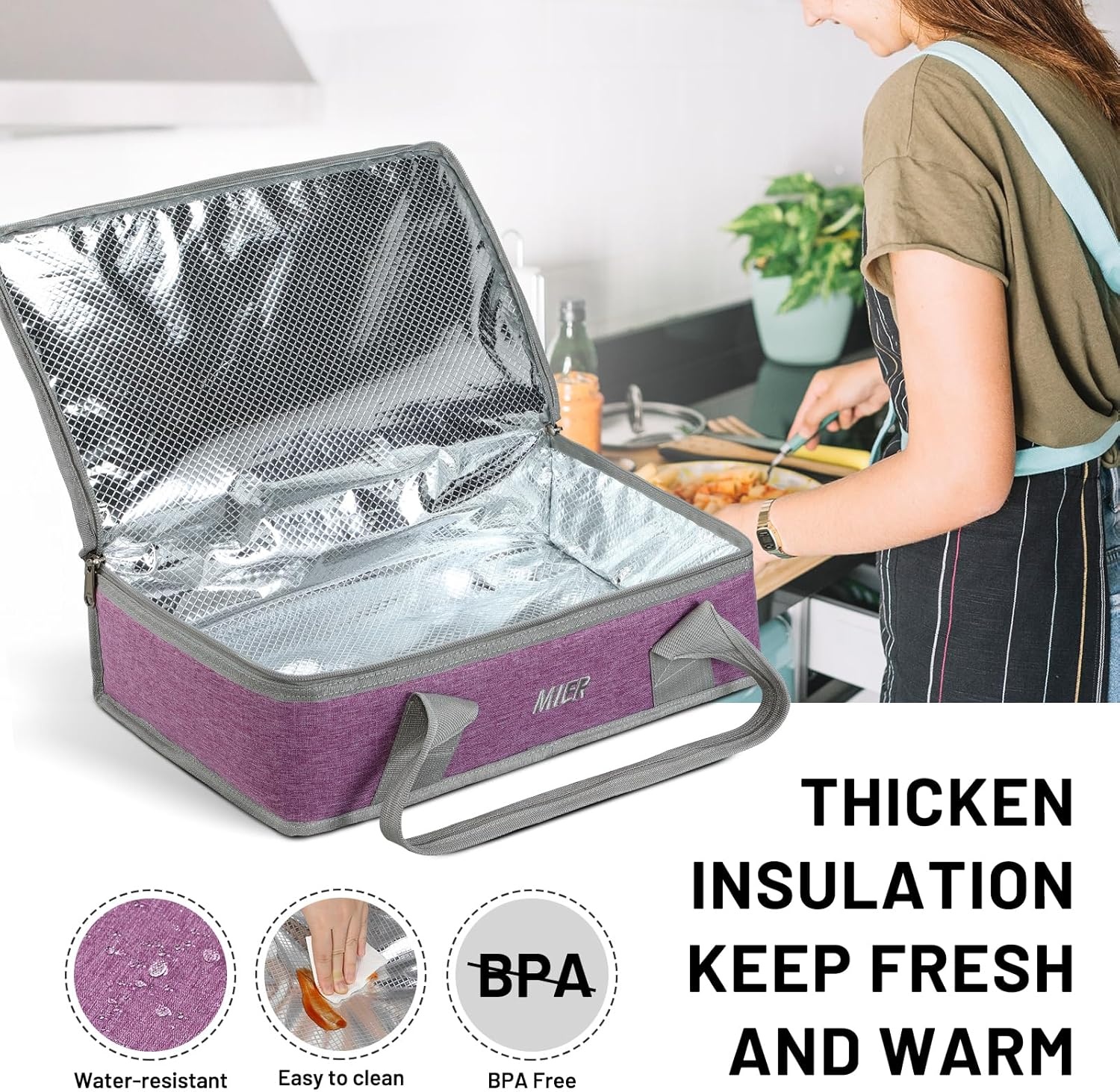 image:imageMIER Insulated Casserole Carrier Fits 9x13 Baking DishesFoil Pans Double Food Carriers Bag Thermal Holder for Hot or Cold Food Lasagna Lugger Potluck Parties Picnic Travel PurplePurple