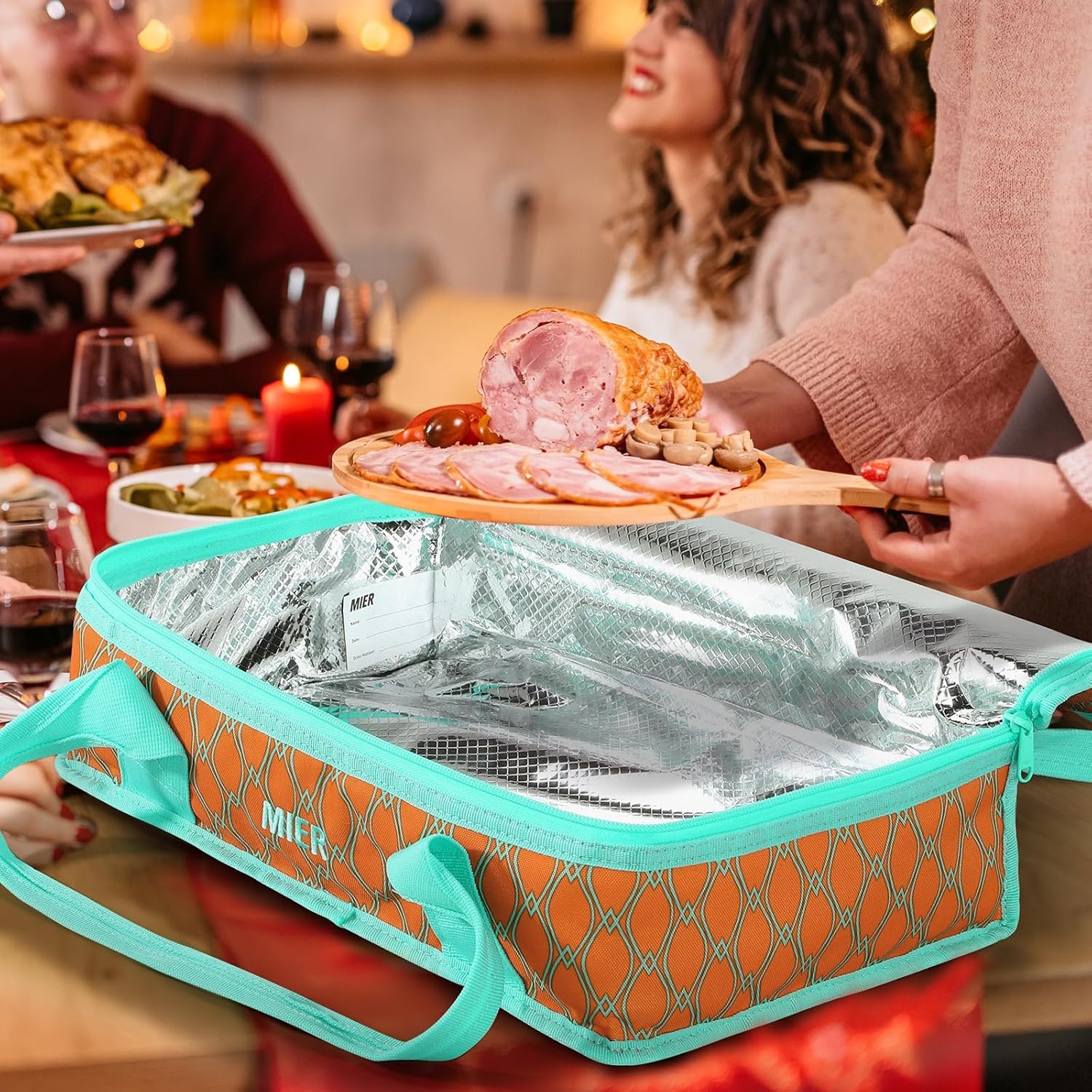image:imageMIER Insulated Casserole Carrier Fits 9x13 Baking DishesFoil Pans Double Food Carriers Bag Thermal Holder for Hot or Cold Food Lasagna Lugger Potluck Parties Picnic Travel PurpleOrange