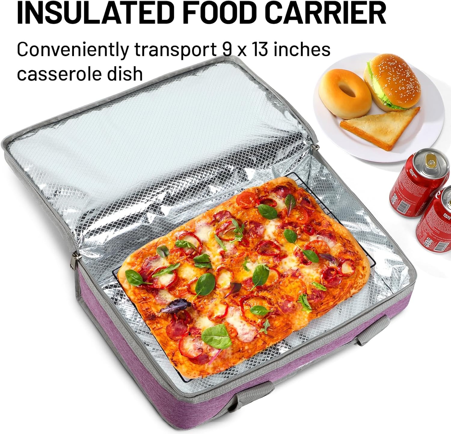 image:imageMIER Insulated Casserole Carrier Fits 9x13 Baking DishesFoil Pans Double Food Carriers Bag Thermal Holder for Hot or Cold Food Lasagna Lugger Potluck Parties Picnic Travel PurplePurple