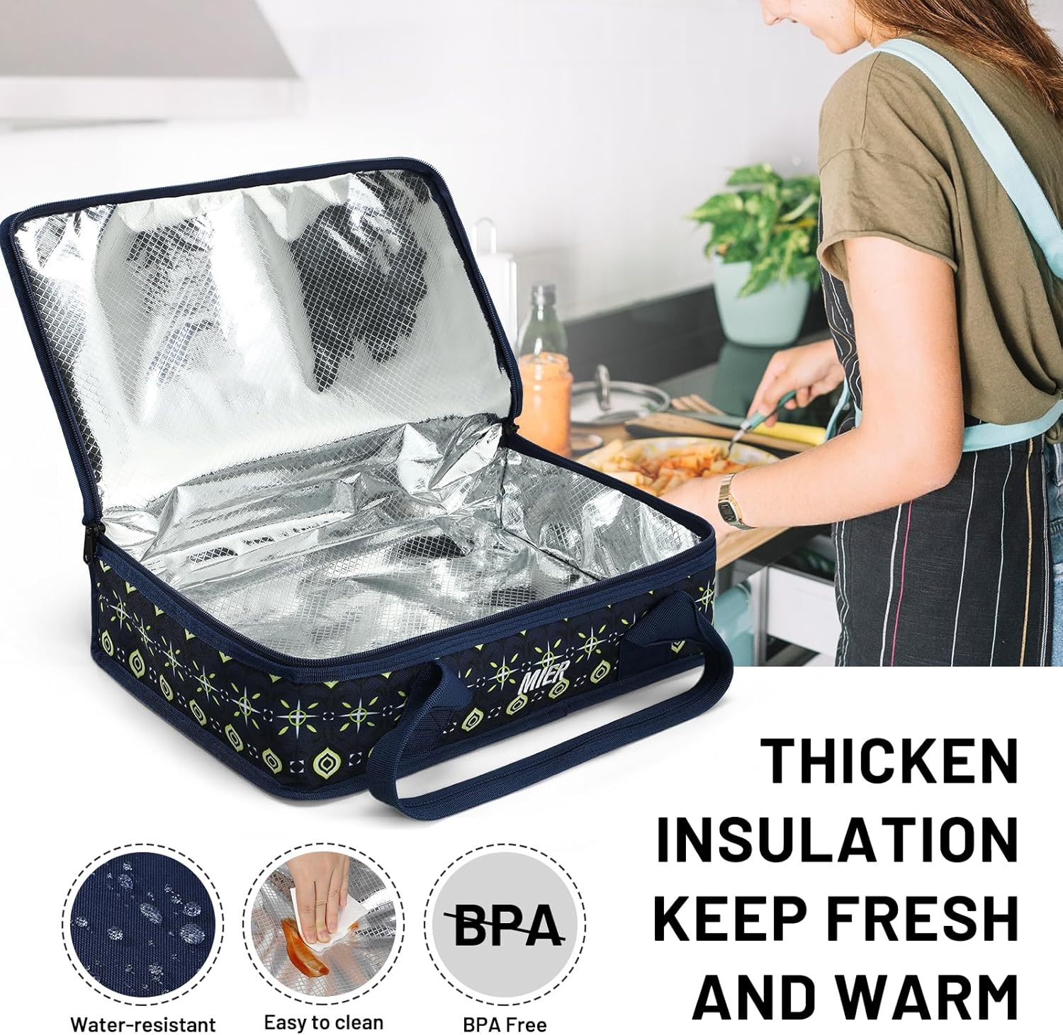 image:imageMIER Insulated Casserole Carrier Fits 9x13 Baking DishesFoil Pans Double Food Carriers Bag Thermal Holder for Hot or Cold Food Lasagna Lugger Potluck Parties Picnic Travel PurpleDeep Blue