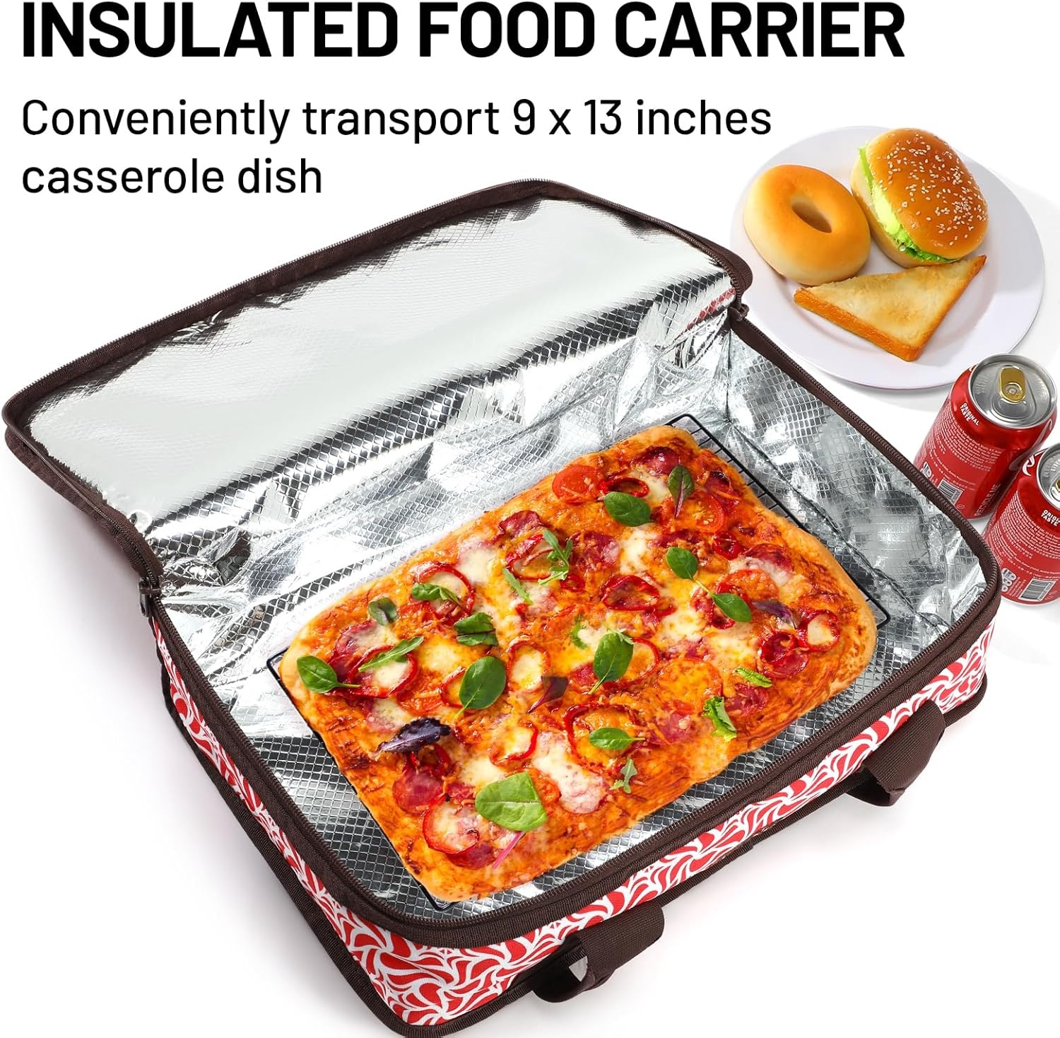image:imageMIER Insulated Casserole Carrier Fits 9x13 Baking DishesFoil Pans Double Food Carriers Bag Thermal Holder for Hot or Cold Food Lasagna Lugger Potluck Parties Picnic Travel PurpleRed