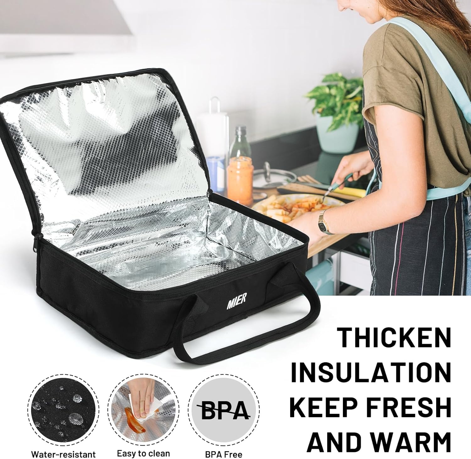image:imageMIER Insulated Casserole Carrier Fits 9x13 Baking DishesFoil Pans Double Food Carriers Bag Thermal Holder for Hot or Cold Food Lasagna Lugger Potluck Parties Picnic Travel PurpleBlack