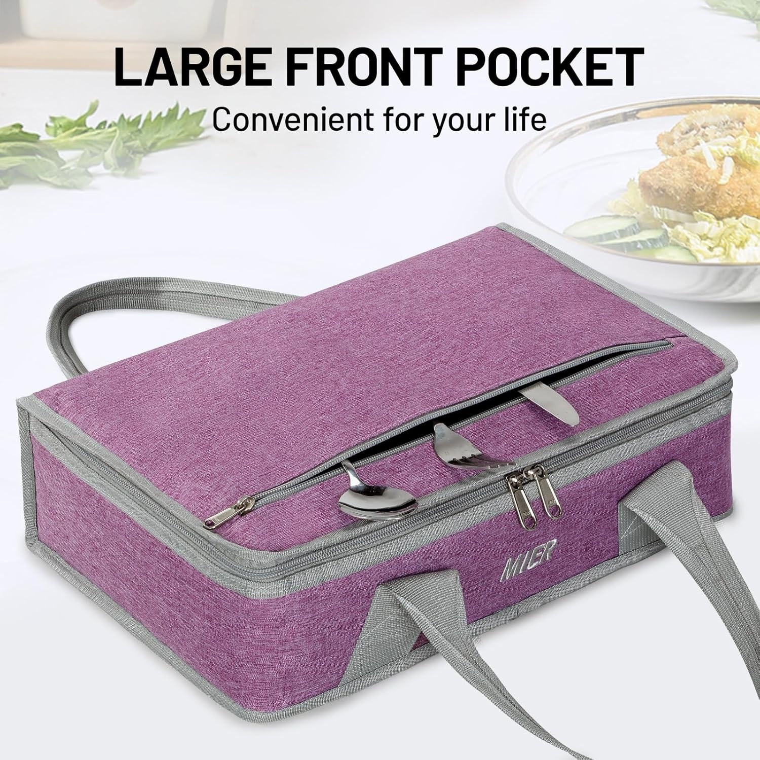 image:imageMIER Insulated Casserole Carrier Fits 9x13 Baking DishesFoil Pans Double Food Carriers Bag Thermal Holder for Hot or Cold Food Lasagna Lugger Potluck Parties Picnic Travel PurplePurple