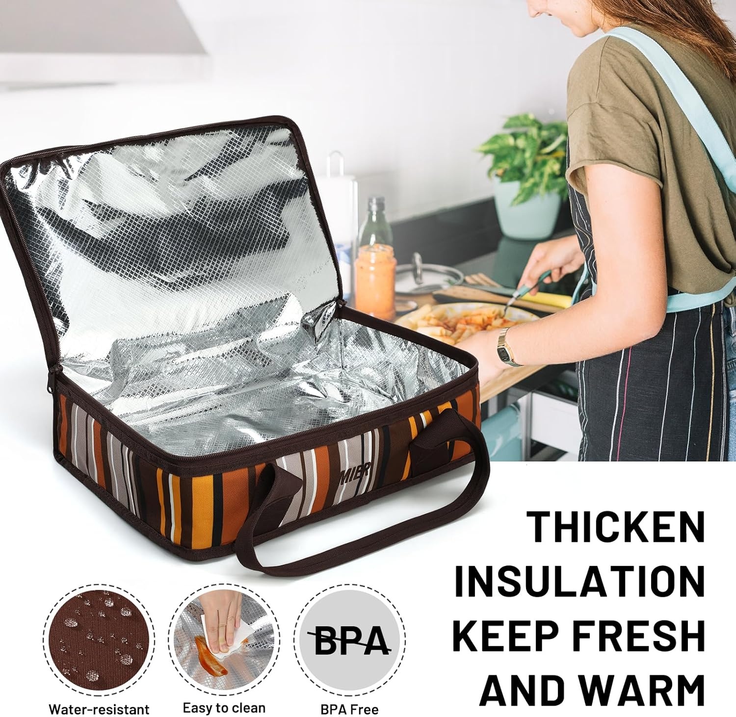 image:imageMIER Insulated Casserole Carrier Fits 9x13 Baking DishesFoil Pans Double Food Carriers Bag Thermal Holder for Hot or Cold Food Lasagna Lugger Potluck Parties Picnic Travel PurpleBrown